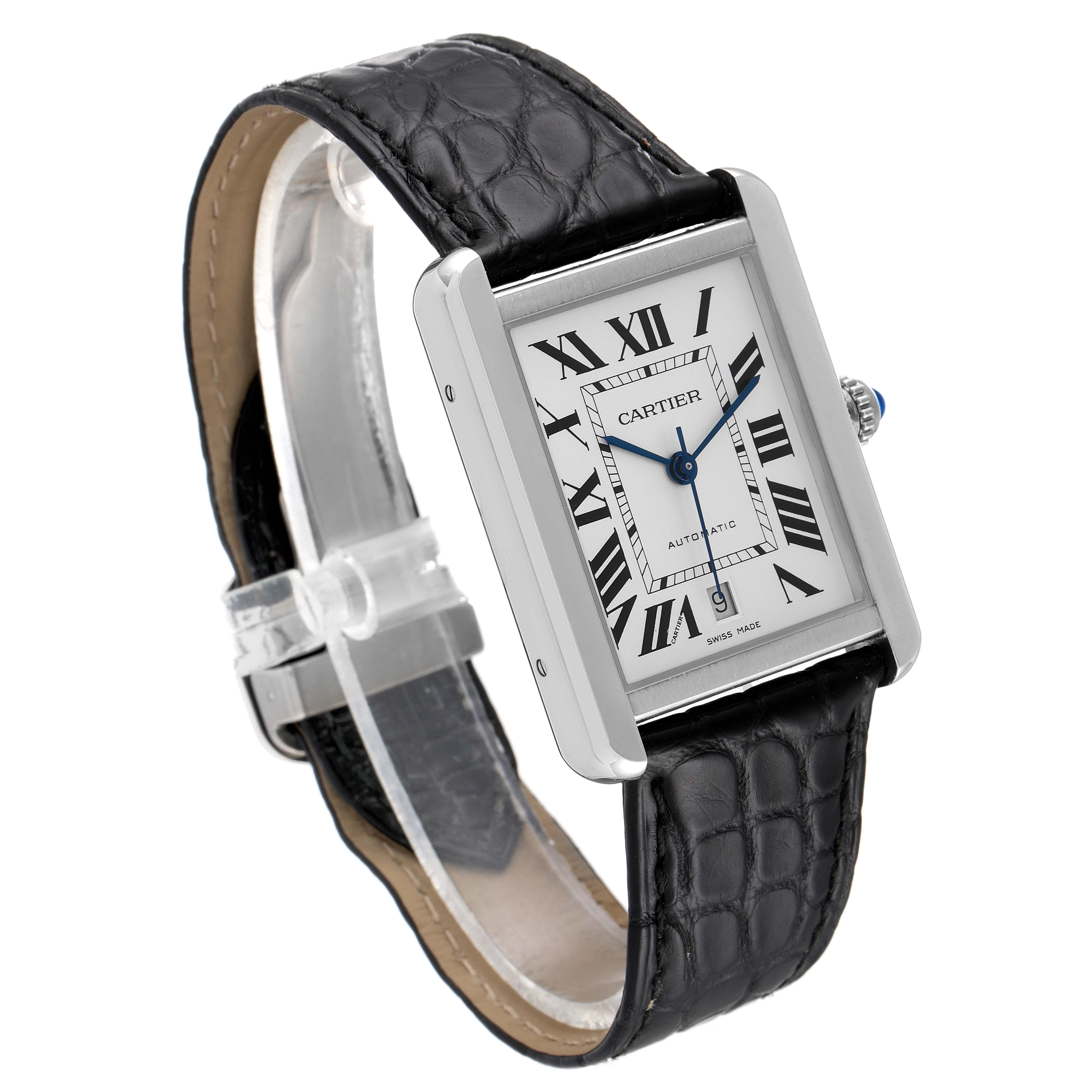 This image shows a Cartier Tank Solo W5200027 Men's Stainless Steel Silver Dial W5200027 Men's Stainless Steel Silver Dial watch at a front-side angle, featuring its face, Roman numerals, and black leather strap.