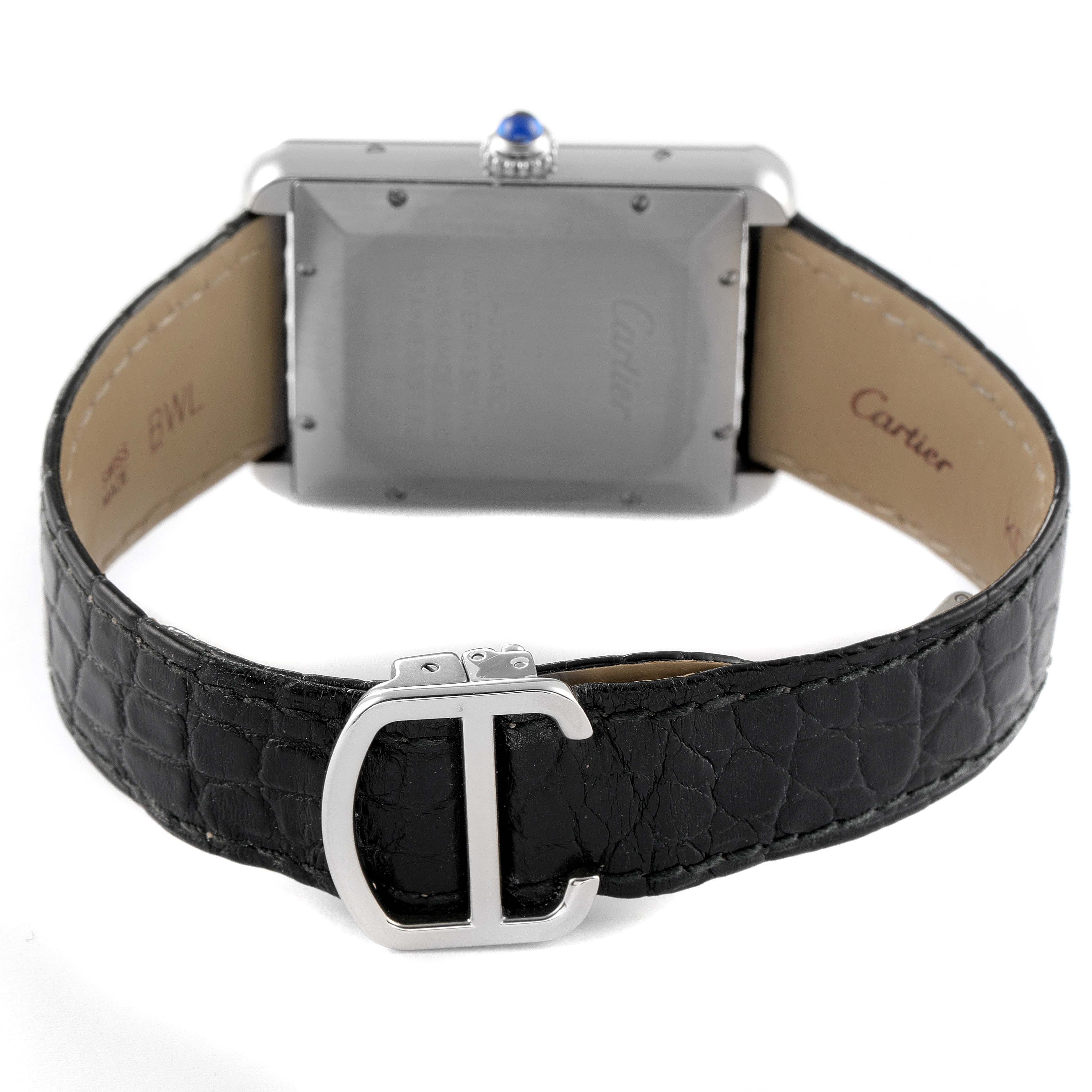 This image shows the back view of the Cartier Tank Solo W5200027 Men's Stainless Steel Silver Dial W5200027 Men's Stainless Steel Silver Dial watch, featuring its case, leather strap, and Cartier buckle.