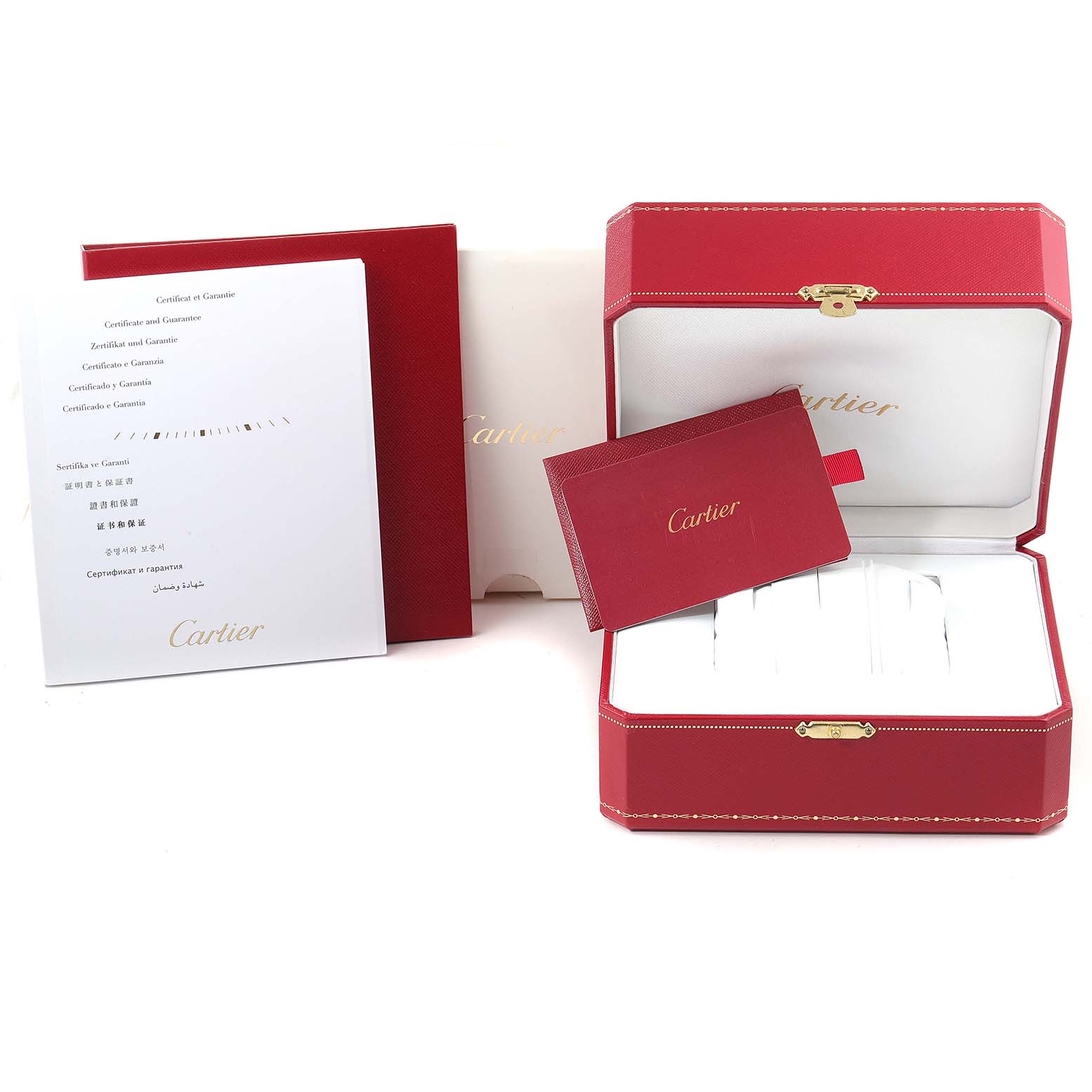 The image shows the packaging and accessories for a Cartier Tank Solo W5200027 Men's Stainless Steel Silver Dial W5200027 Men's Stainless Steel Silver Dial watch, including a red box, warranty booklet, and papers.