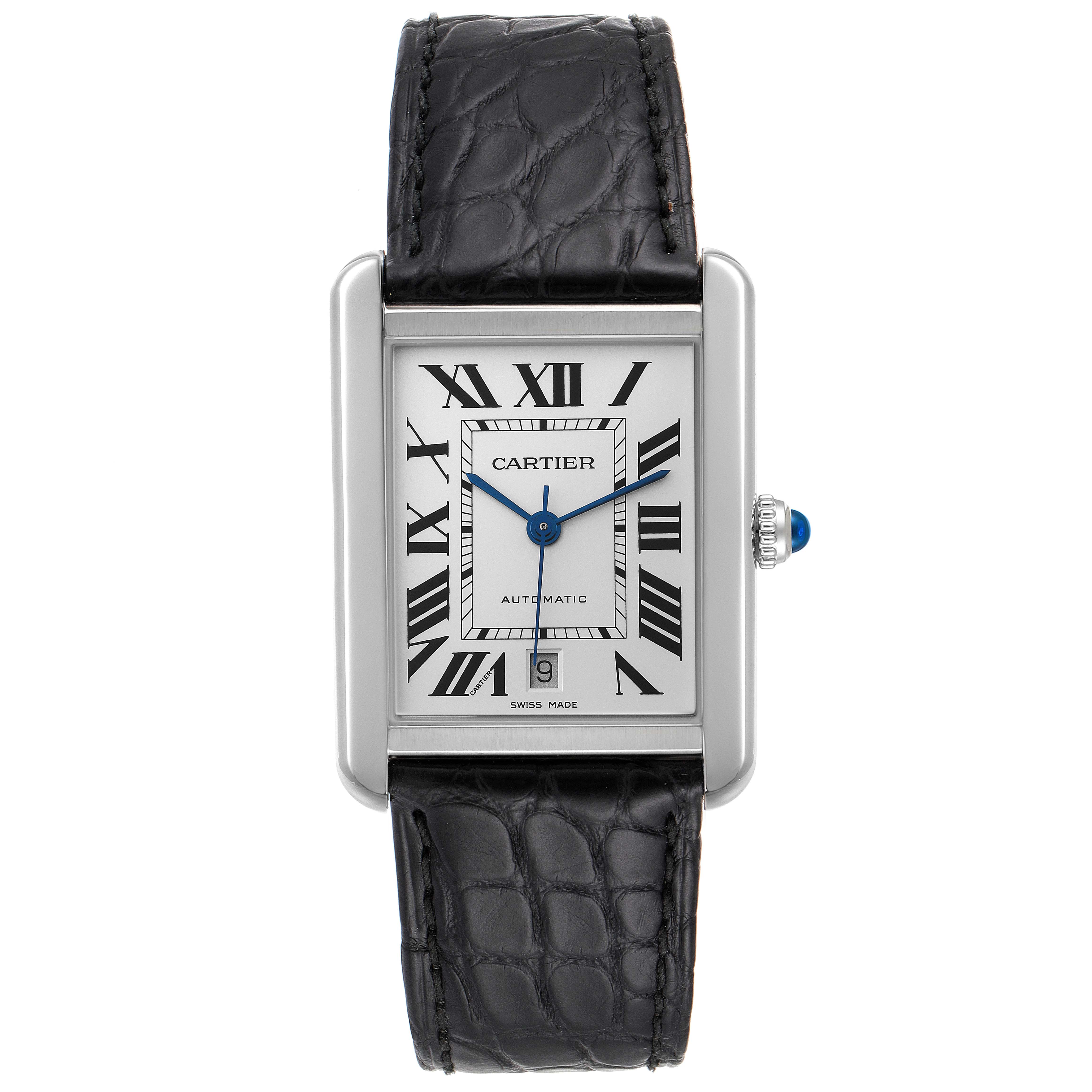 The image shows a front view of the Cartier Tank Solo W5200027 Men's Stainless Steel Silver Dial W5200027 Men's Stainless Steel Silver Dial watch, highlighting its rectangular dial, roman numerals, and black leather strap.