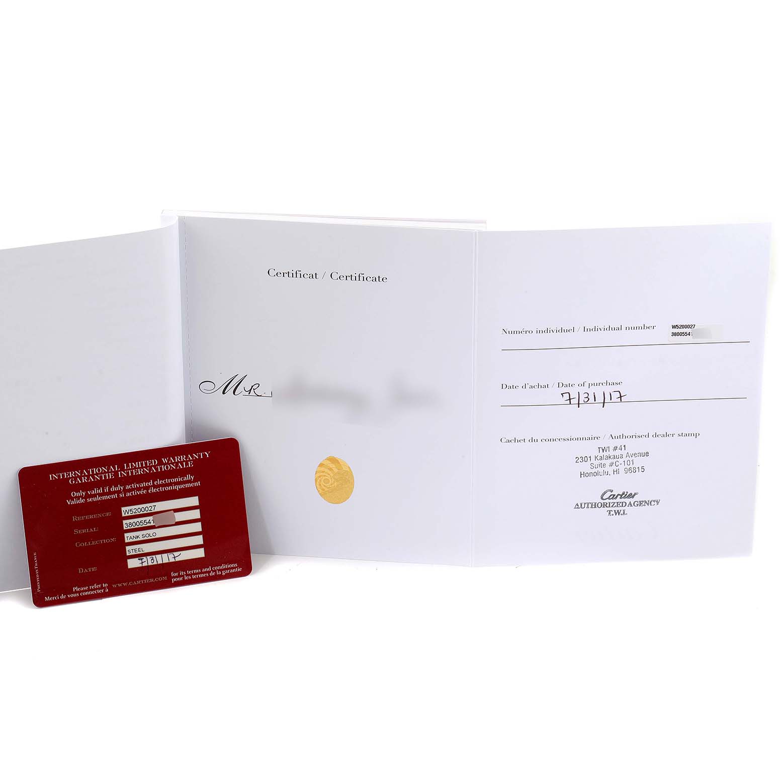 The image shows the warranty card and certificate booklet for the Cartier Tank Solo W5200027 Men's Stainless Steel Silver Dial W5200027 Men's Stainless Steel Silver Dial watch model.