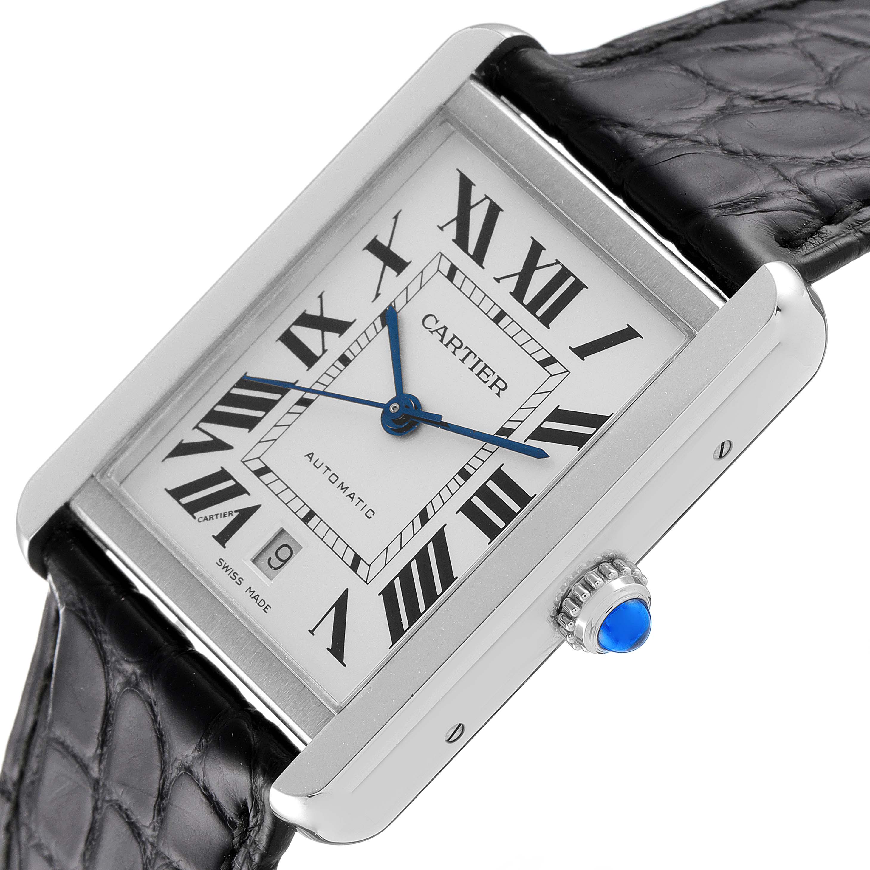 The image shows a close-up angled view of the Cartier Tank Solo W5200027 Men's Stainless Steel Silver Dial W5200027 Men's Stainless Steel Silver Dial watch, featuring its rectangular face, Roman numerals, and crown with a blue cabochon.