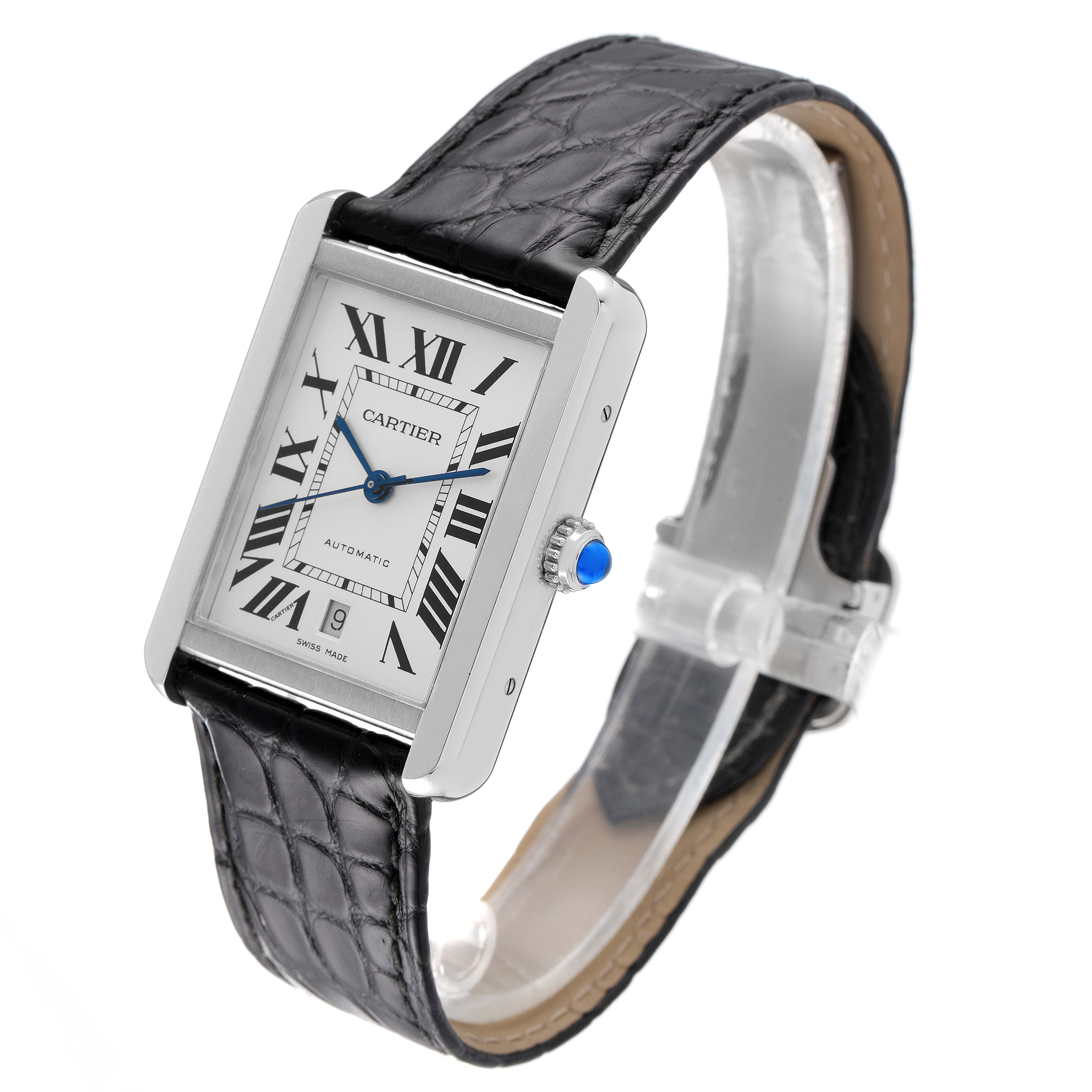 The image shows a Cartier Tank Solo W5200027 Men's Stainless Steel Silver Dial W5200027 Men's Stainless Steel Silver Dial watch at an angled view, showcasing the face, leather strap, and crown with a blue cabochon.