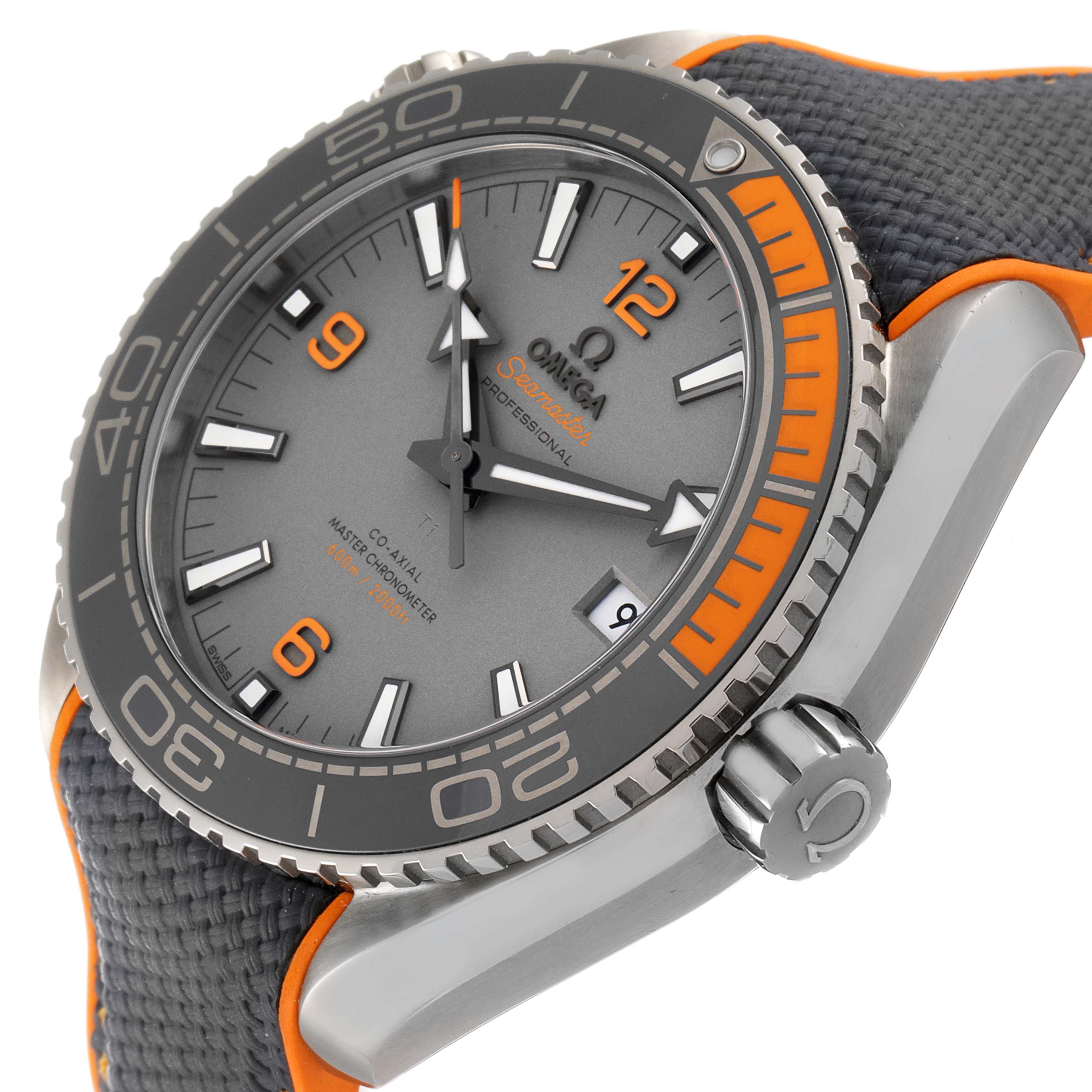 The image shows a side view of the Omega Planet Ocean 215.92.44.21.99.001 Men's Titanium Grey Dial 215.92.44.21.99.001 Men's Titanium Grey Dial watch, highlighting the dial, bezel, crown, and part of the strap.