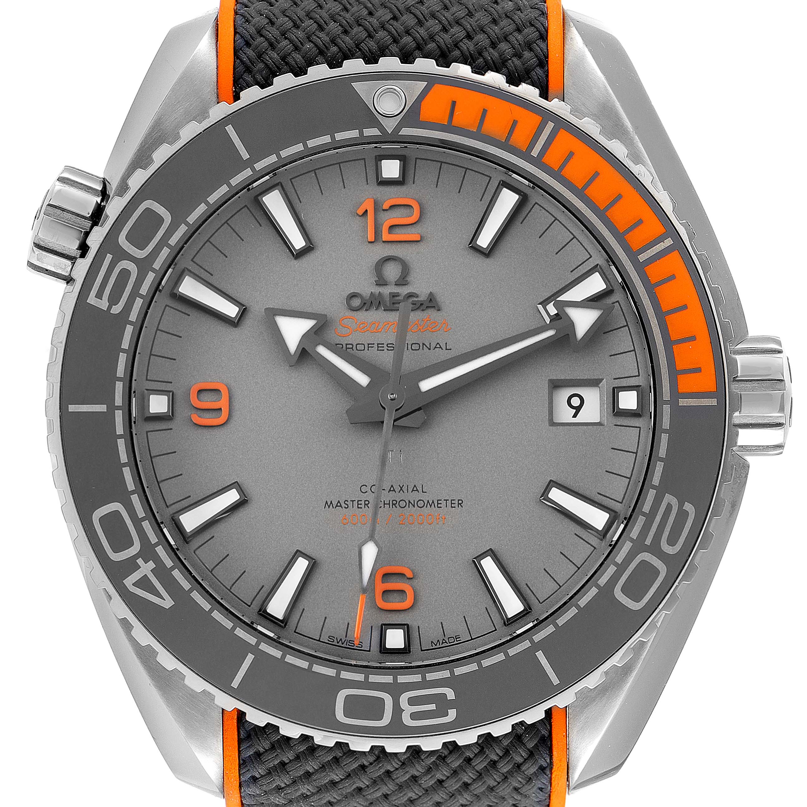The image shows a frontal view of an Omega Planet Ocean 215.92.44.21.99.001 Men's Titanium Grey Dial 215.92.44.21.99.001 Men's Titanium Grey Dial watch, displaying the dial, bezel, hands, date window, and part of the strap.