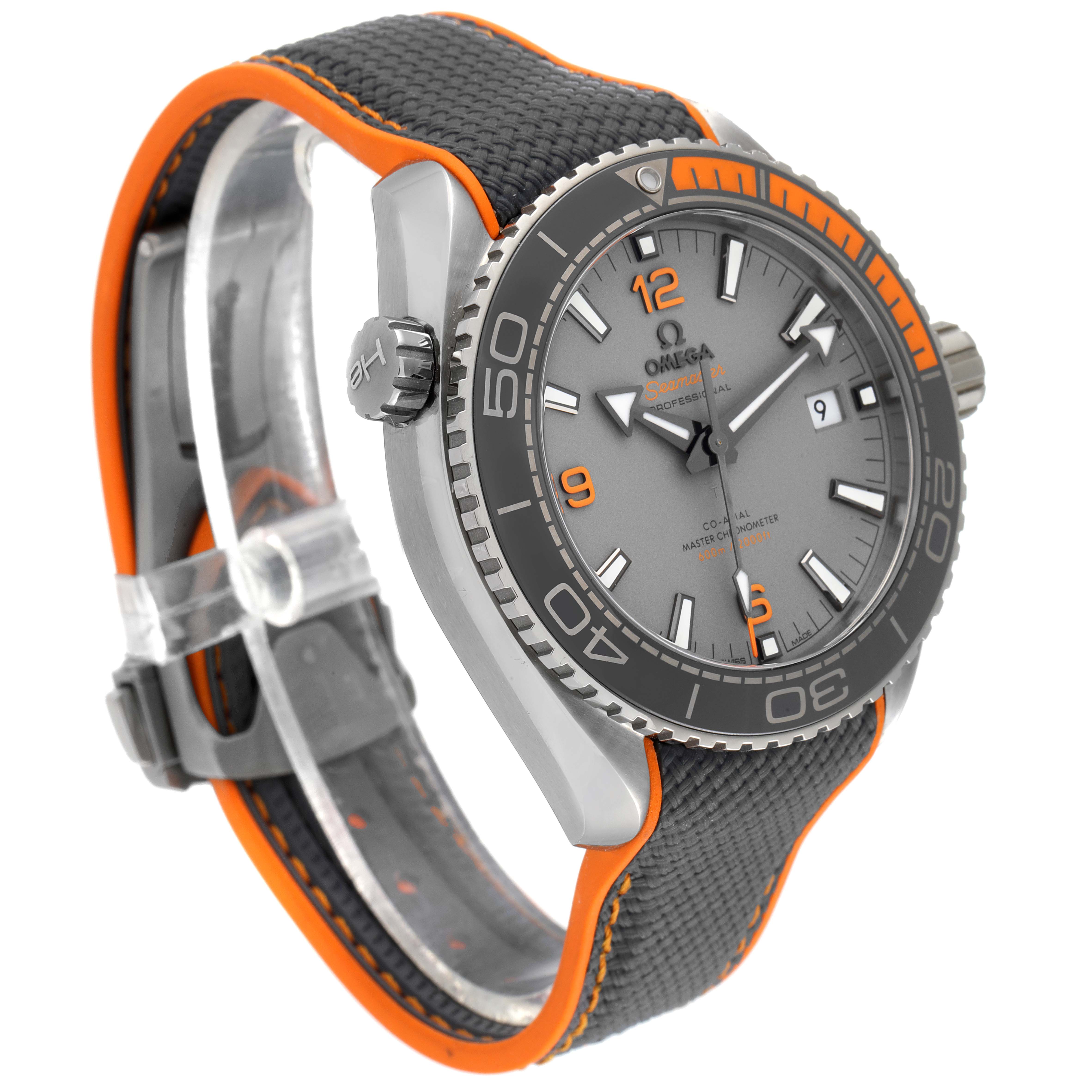 The Omega Planet Ocean 215.92.44.21.99.001 Men's Titanium Grey Dial 215.92.44.21.99.001 Men's Titanium Grey Dial watch is angled to show the bezel, dial, crown, and strap, highlighting its grey and orange color scheme.