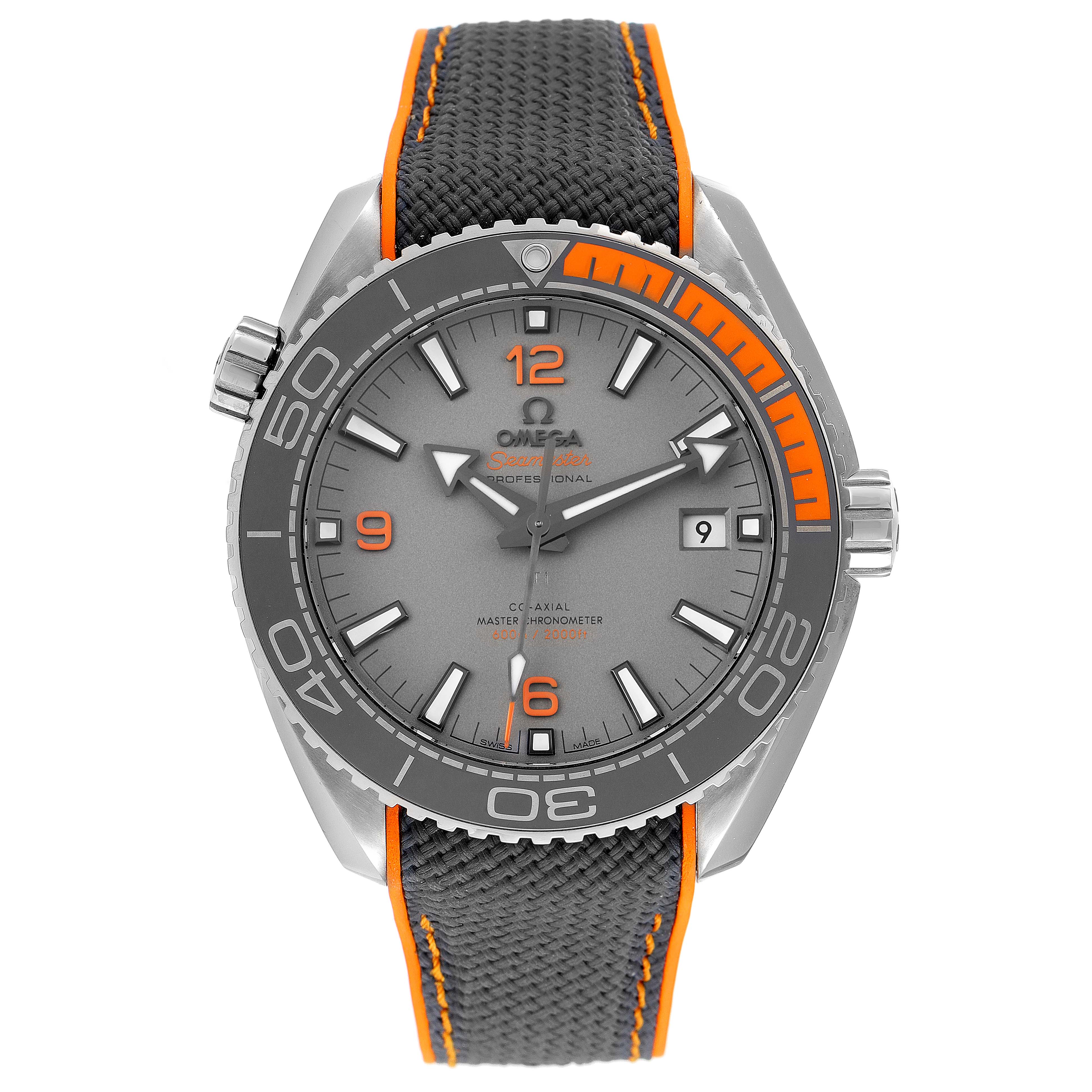 The image shows a front view of the Omega Planet Ocean 215.92.44.21.99.001 Men's Titanium Grey Dial 215.92.44.21.99.001 Men's Titanium Grey Dial watch, featuring its orange-accented bezel and strap.