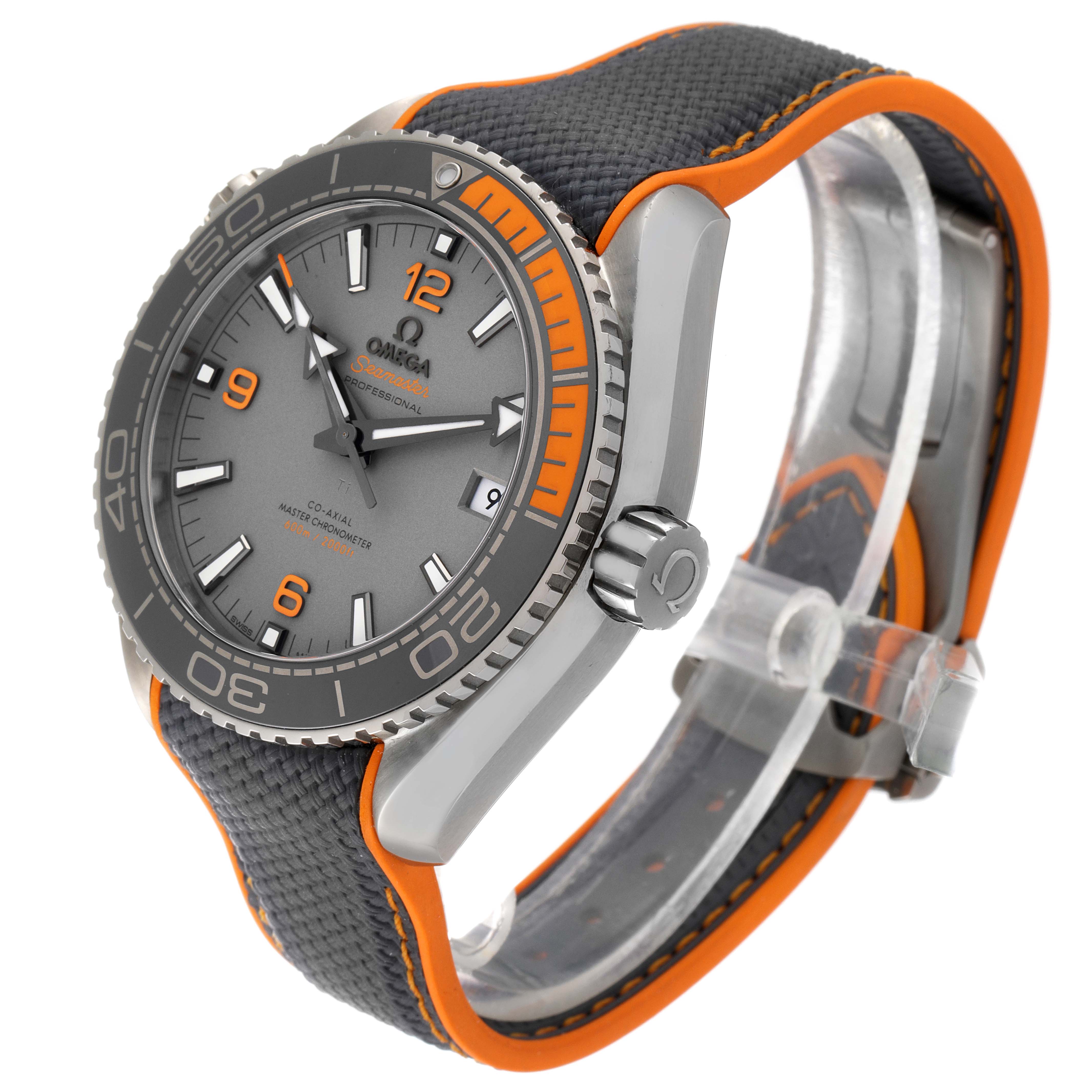 The Omega Planet Ocean 215.92.44.21.99.001 Men's Titanium Grey Dial 215.92.44.21.99.001 Men's Titanium Grey Dial watch is shown at an angled view, featuring its crown, dial, bezel, and strap.