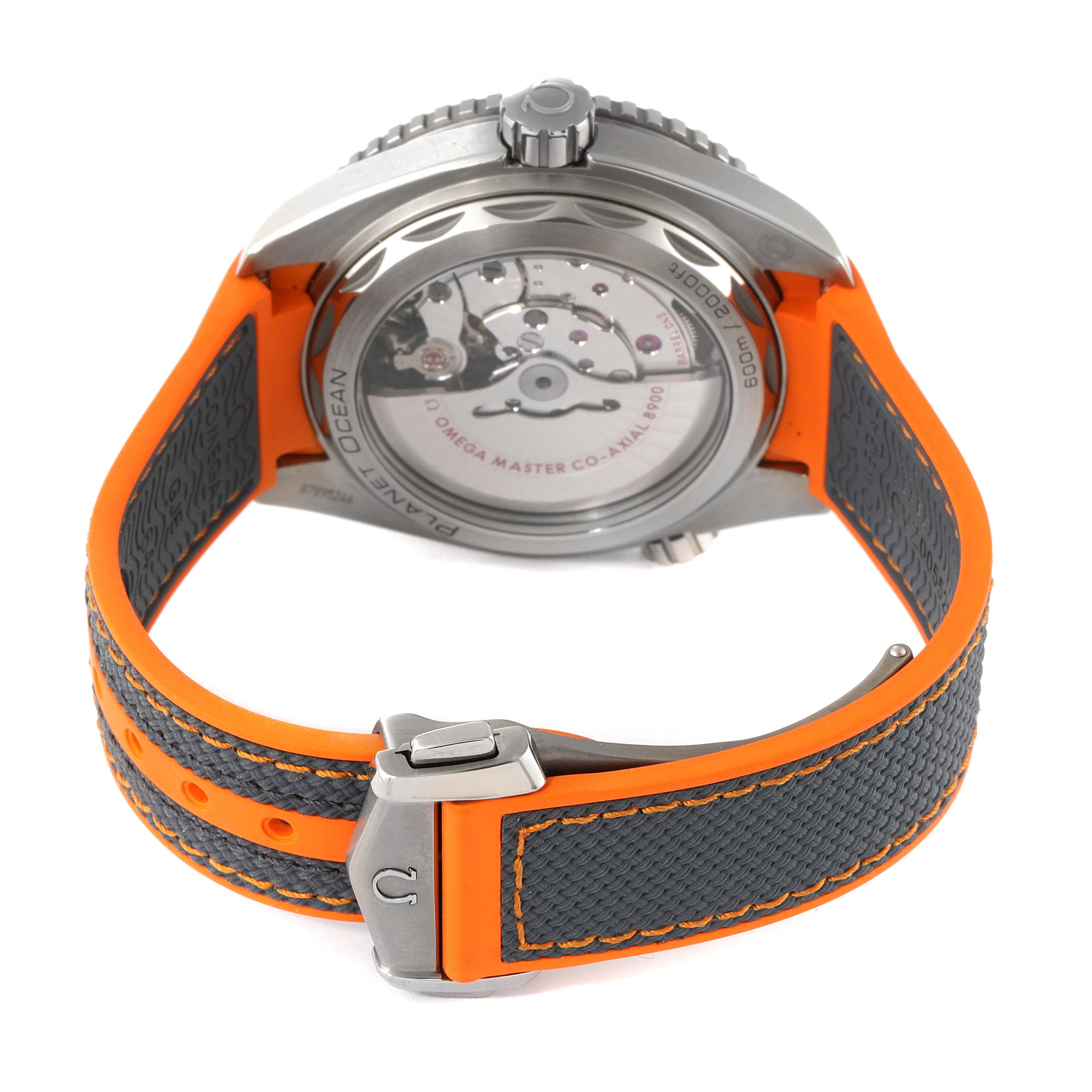 The image shows the back view of the Omega Planet Ocean 215.92.44.21.99.001 Men's Titanium Grey Dial 215.92.44.21.99.001 Men's Titanium Grey Dial watch, highlighting the movement and parts of the band and buckle.