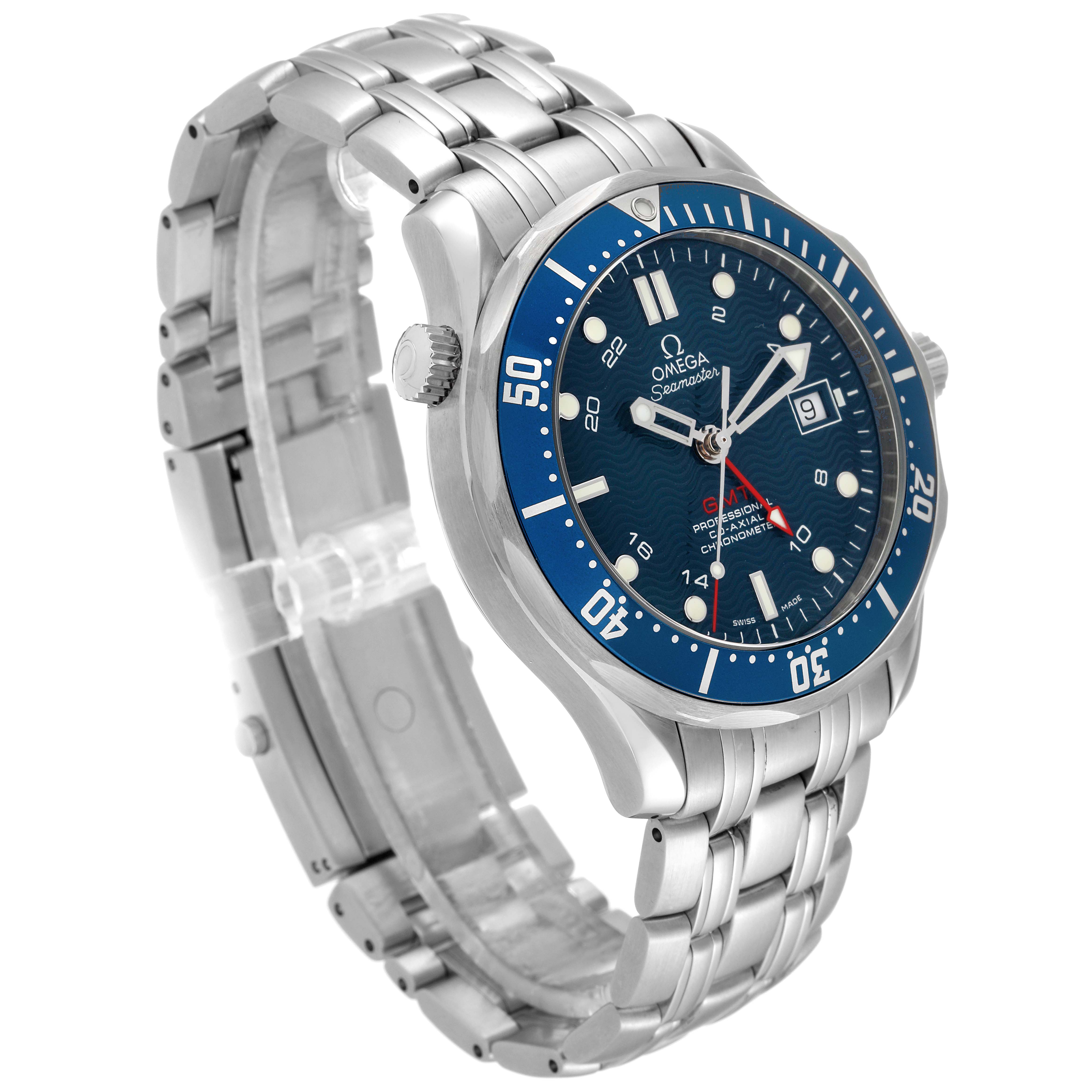 The Omega Seamaster 2535.80.00 Men
s Stainless Steel Blue Dial 2535.80.00 Men
s Stainless Steel Blue Dial watch is shown at a slight angle, highlighting its blue dial, bezel, stainless steel bracelet, and date display.