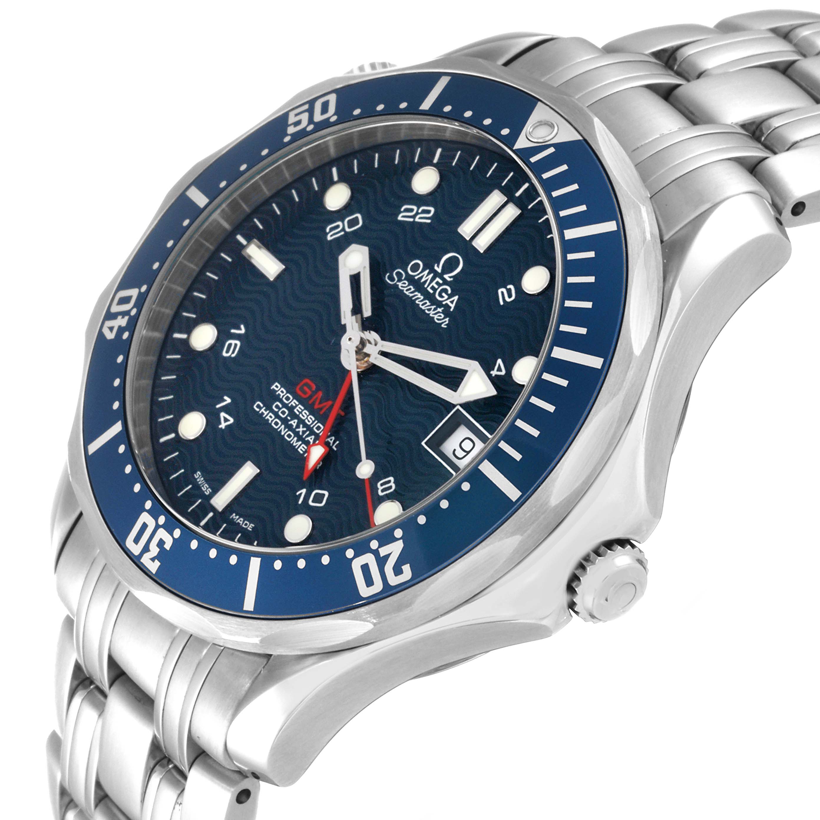 The Omega Seamaster 2535.80.00 Men
s Stainless Steel Blue Dial 2535.80.00 Men
s Stainless Steel Blue Dial watch is shown at a slight angle, highlighting its face, blue bezel, crown, and metal bracelet.