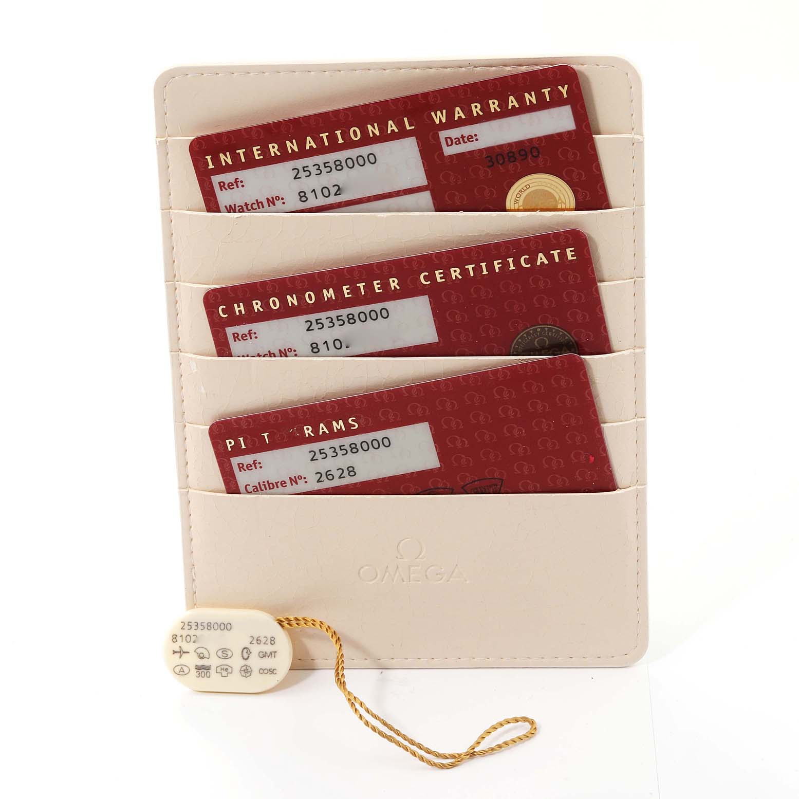 The image shows warranty and certification cards for an Omega Seamaster 2535.80.00 Men
s Stainless Steel Blue Dial 2535.80.00 Men
s Stainless Steel Blue Dial, along with a tag, in a pocket holder.