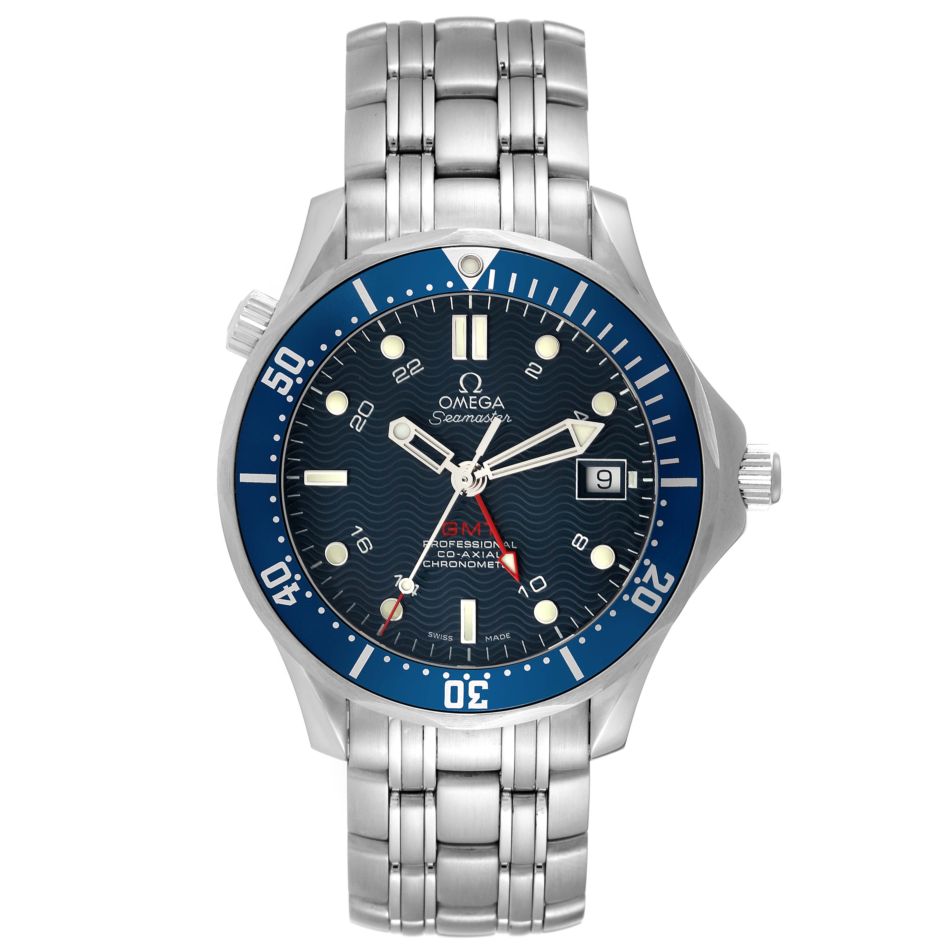 The Omega Seamaster 2535.80.00 Men
s Stainless Steel Blue Dial 2535.80.00 Men
s Stainless Steel Blue Dial watch is shown in a front view, displaying its face, bezel, dial, and stainless steel bracelet.