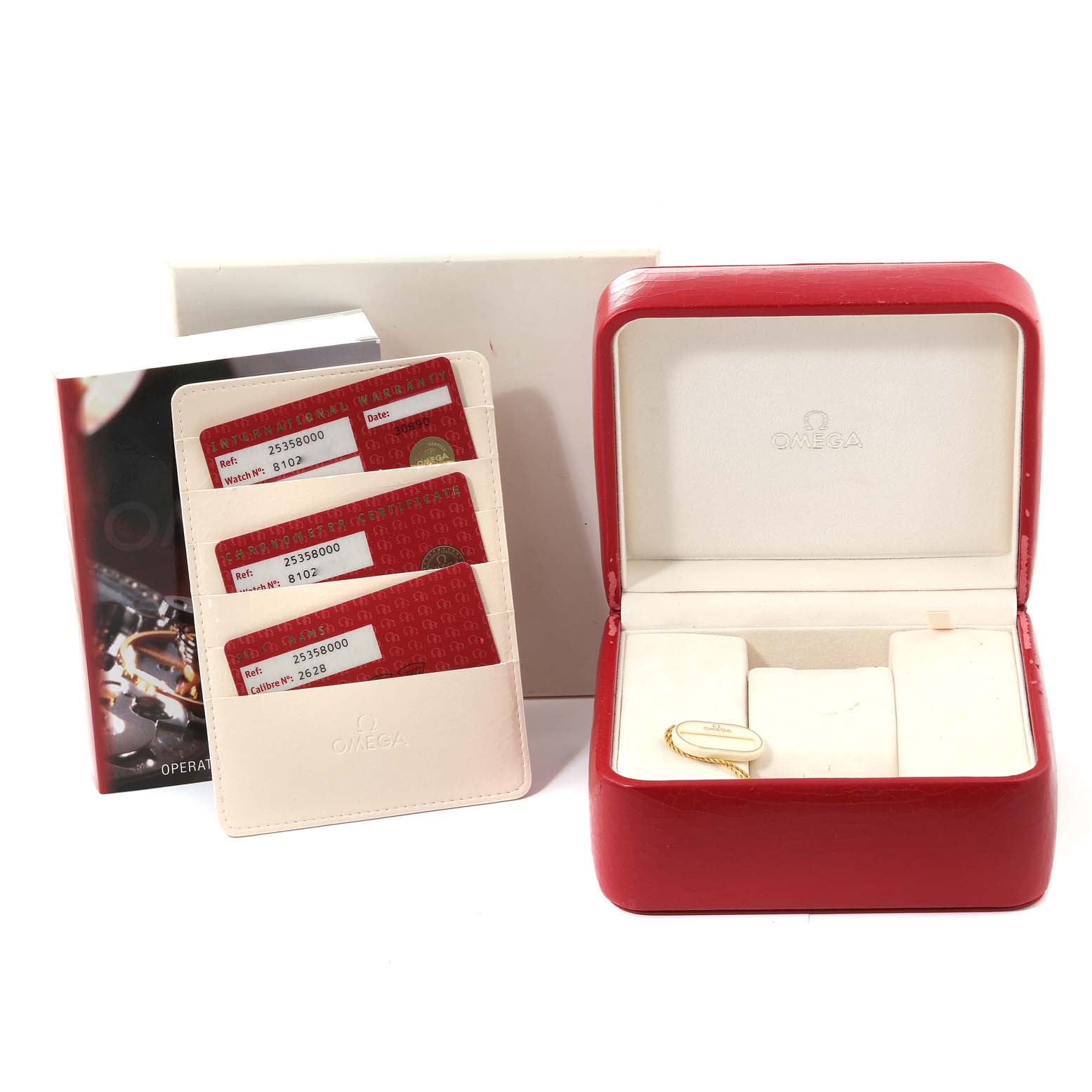 The image shows the Omega Seamaster 2535.80.00 Men
s Stainless Steel Blue Dial 2535.80.00 Men
s Stainless Steel Blue Dial accessories, including a red watch box, warranty cards, and a user manual.