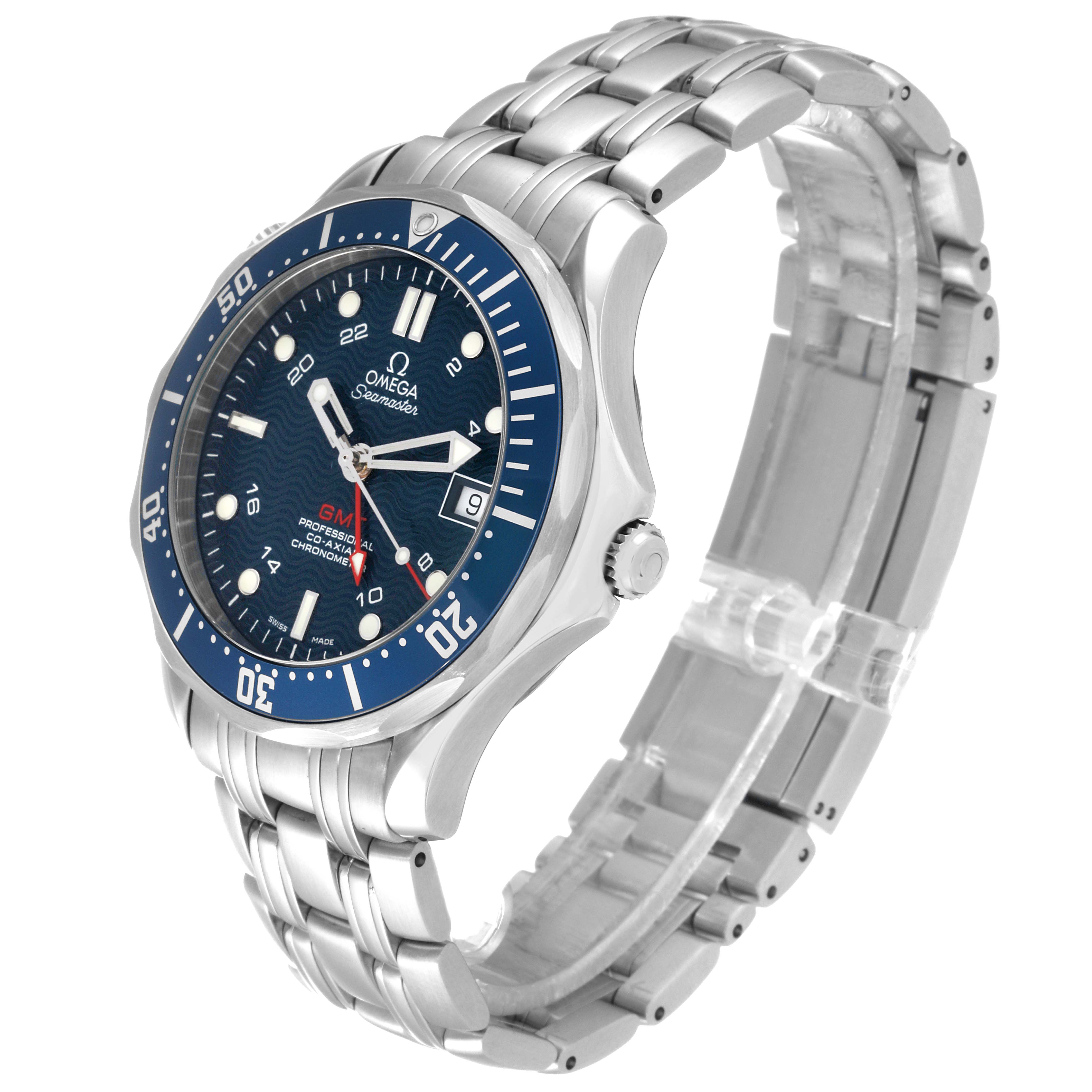 This Omega Seamaster 2535.80.00 Men
s Stainless Steel Blue Dial 2535.80.00 Men
s Stainless Steel Blue Dial watch is shown at a 3/4 angle, highlighting the blue dial, bezel, and metal bracelet.