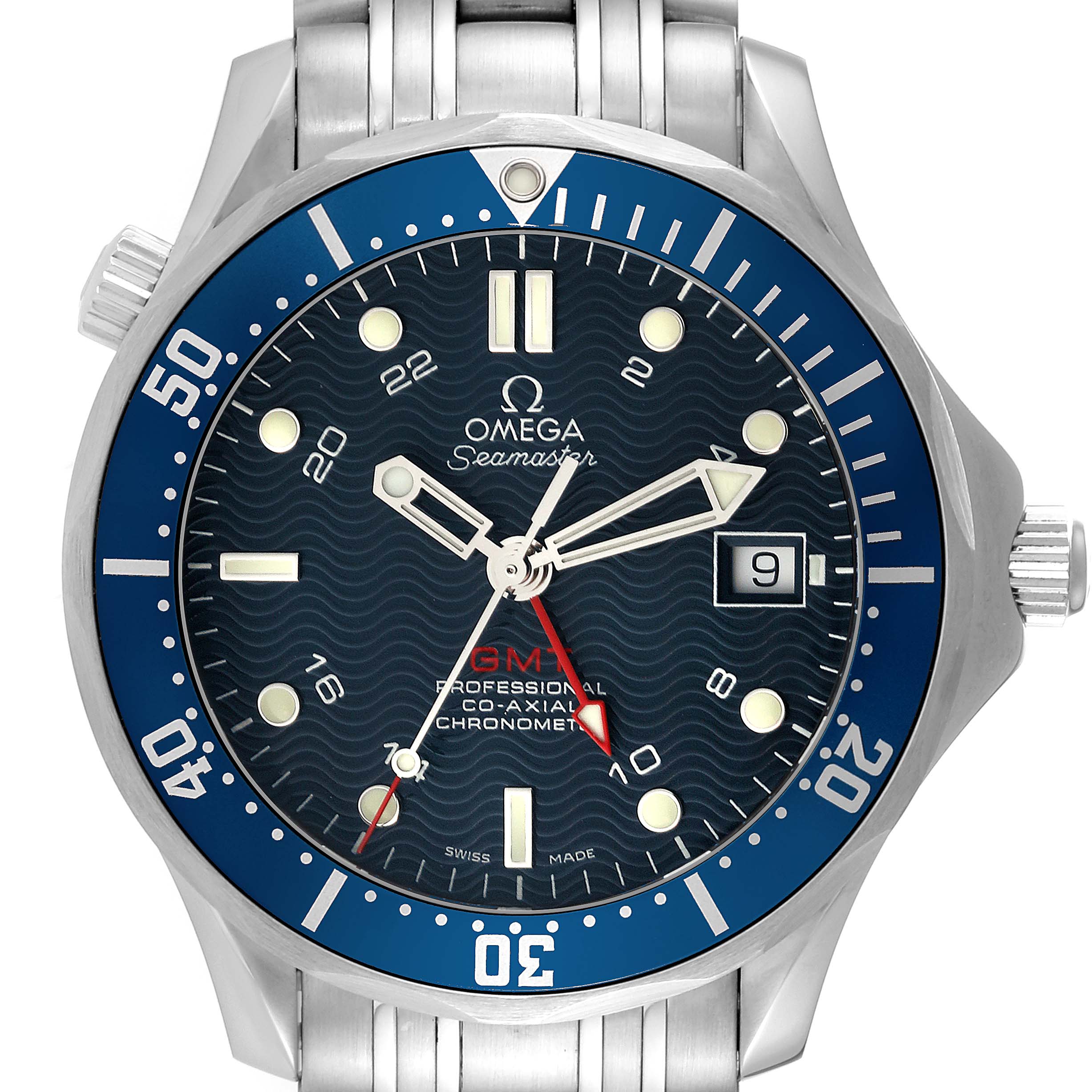 The Omega Seamaster 2535.80.00 Men
s Stainless Steel Blue Dial 2535.80.00 Men
s Stainless Steel Blue Dial model watch is shown from a straight-on angle, displaying the dial, bezel, hands, and part of the bracelet.