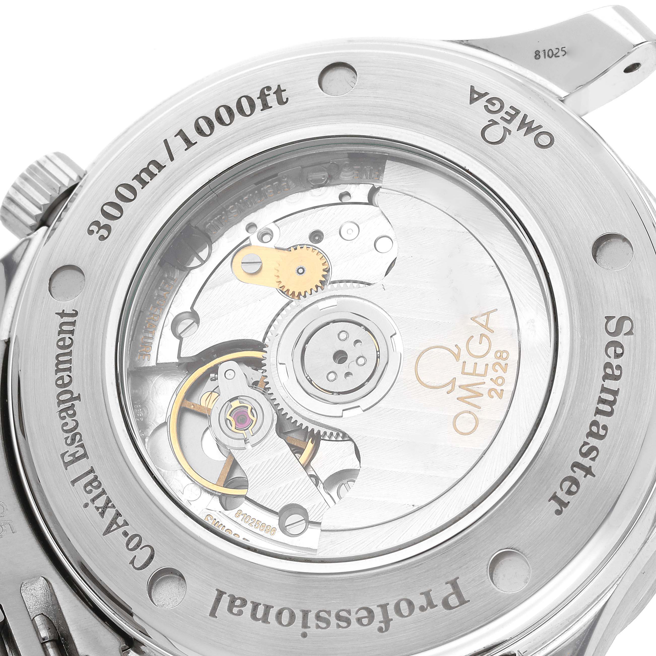 The image shows the back of an Omega Seamaster 2535.80.00 Men
s Stainless Steel Blue Dial 2535.80.00 Men
s Stainless Steel Blue Dial watch, highlighting its internal mechanical movement and markings.