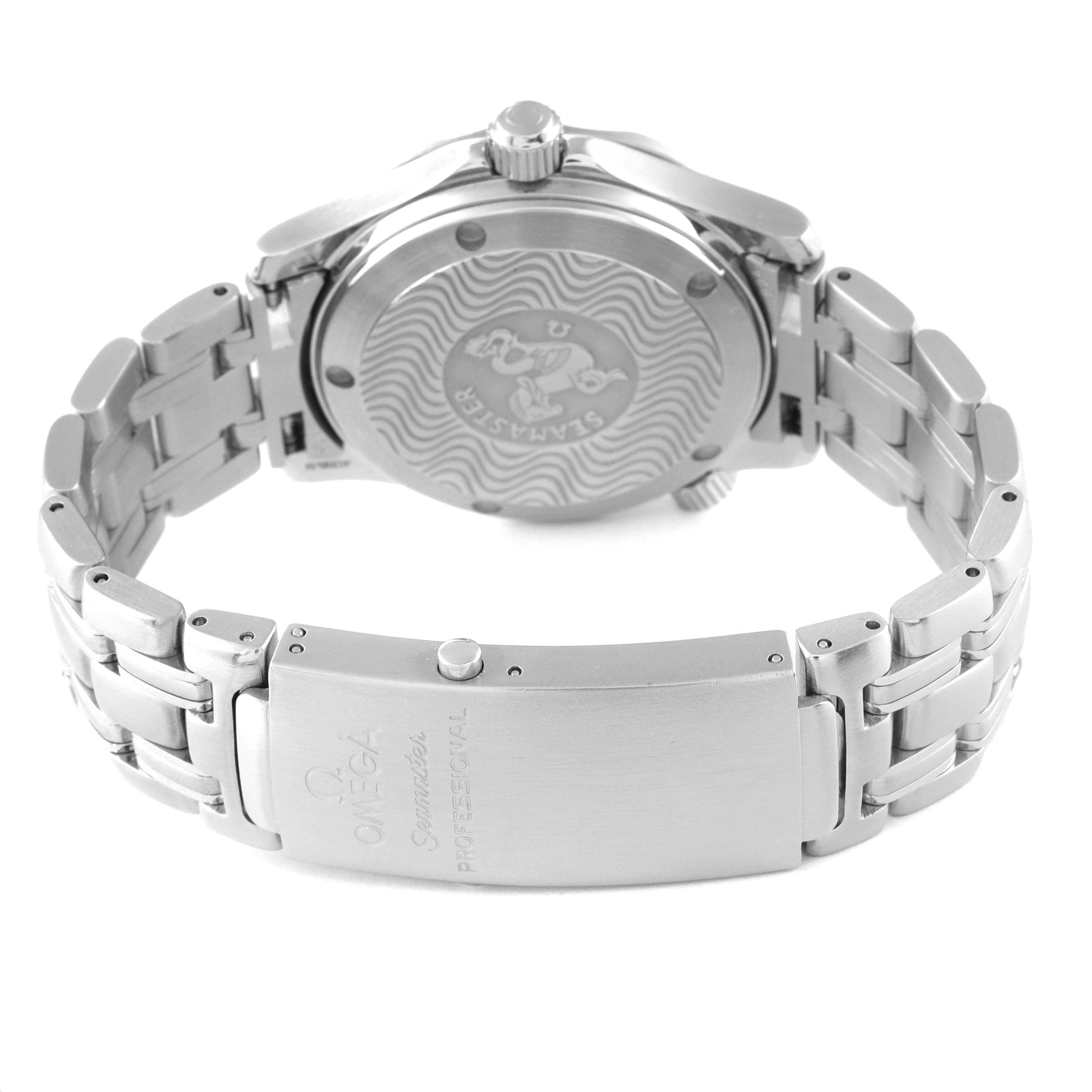 The image shows the backside and clasp of an Omega Seamaster 2551.80.00 Men's Stainless Steel Blue Dial 2551.80.00 Men's Stainless Steel Blue Dial watch, highlighting the case back and metal bracelet.