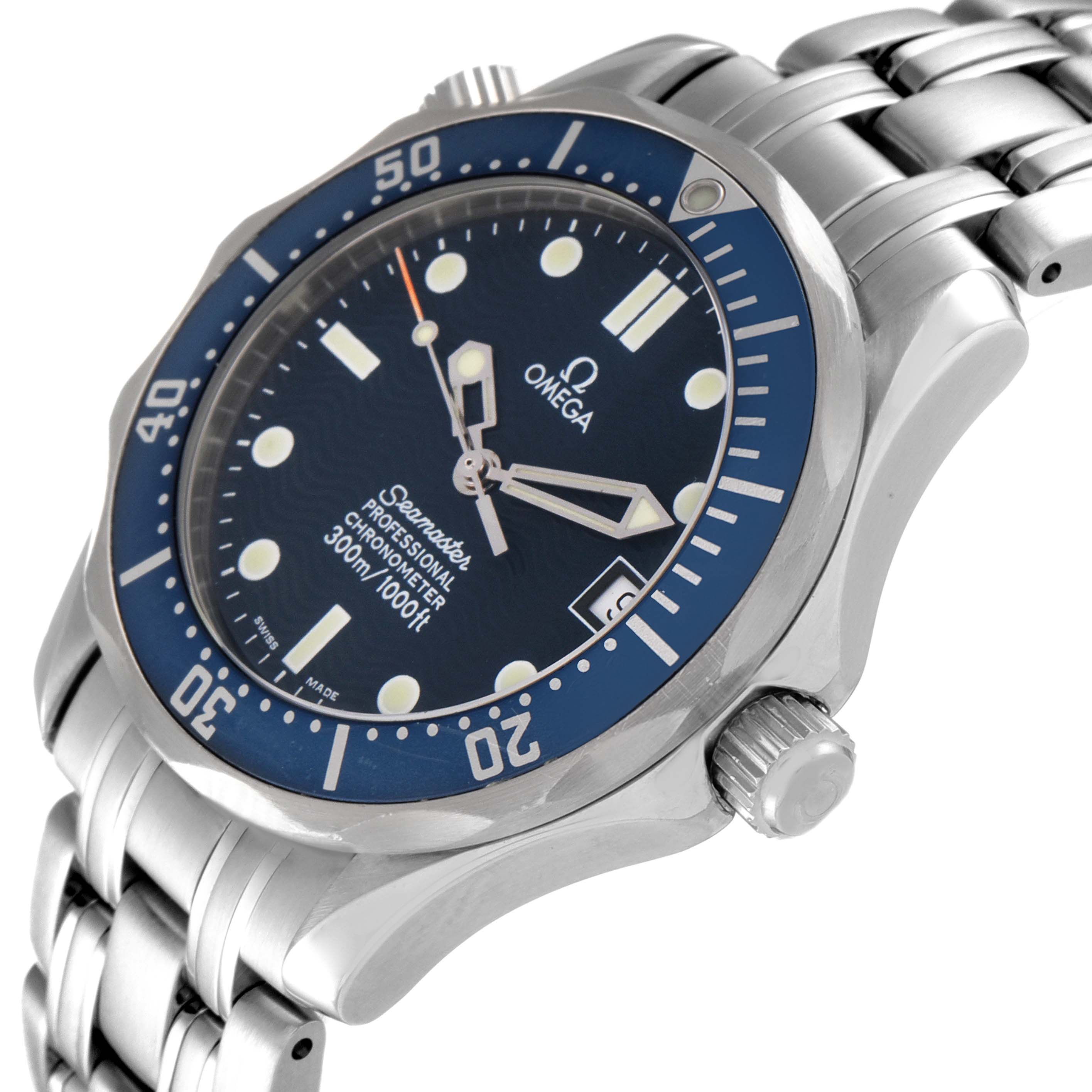 The image shows an angled side view of the Omega Seamaster 2551.80.00 Men's Stainless Steel Blue Dial 2551.80.00 Men's Stainless Steel Blue Dial watch, highlighting the crown, bezel, dial, and part of the bracelet.