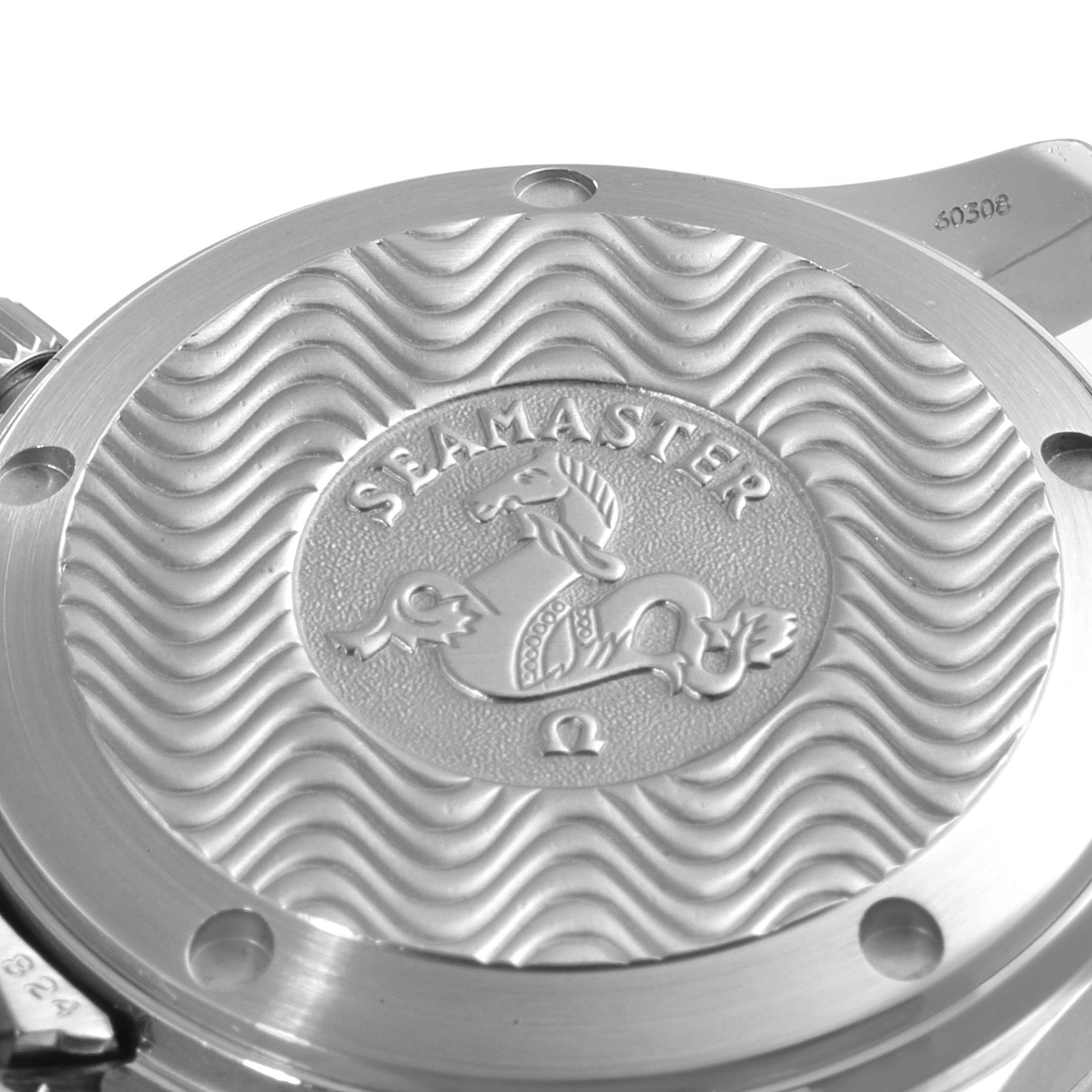 This image shows the engraved case back of the Omega Seamaster 2551.80.00 Men's Stainless Steel Blue Dial 2551.80.00 Men's Stainless Steel Blue Dial watch, focused on the brand and model insignia.