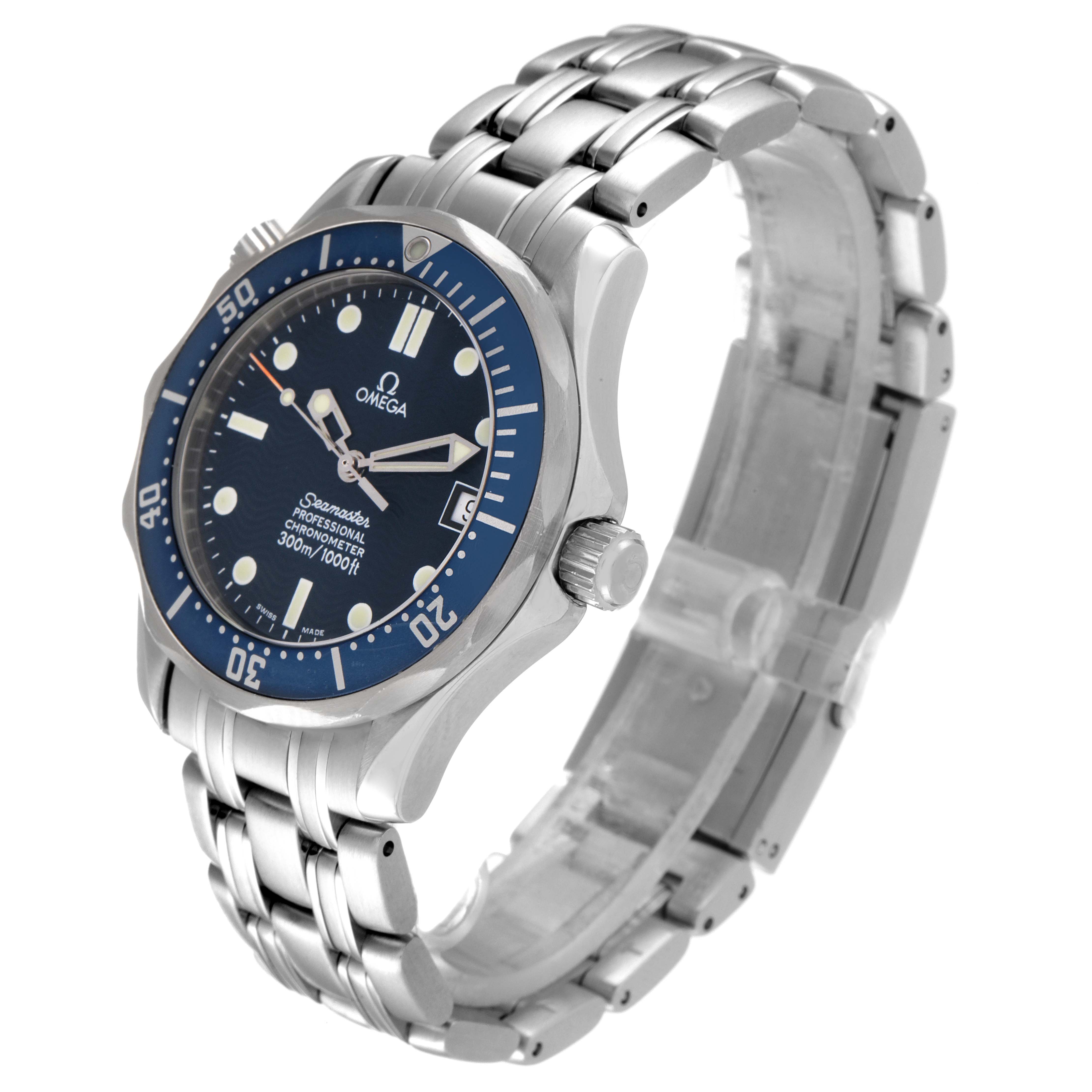 The image shows an Omega Seamaster 2551.80.00 Men's Stainless Steel Blue Dial 2551.80.00 Men's Stainless Steel Blue Dial watch at a three-quarter angle, highlighting the bracelet, watch face, and bezel.