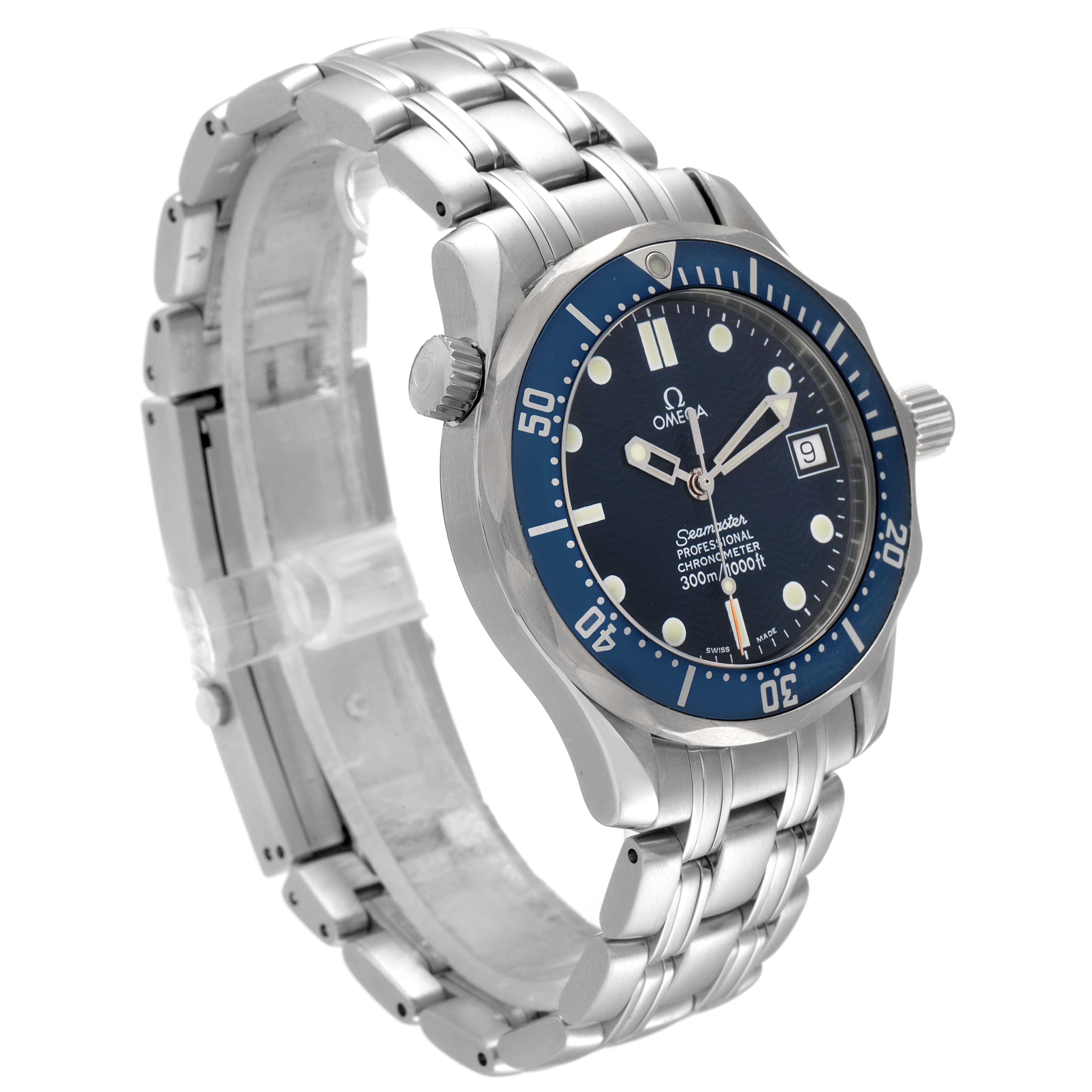 The Omega Seamaster 2551.80.00 Men's Stainless Steel Blue Dial 2551.80.00 Men's Stainless Steel Blue Dial model watch is shown at a three-quarter angle, displaying the face, bezel, crown, and bracelet.