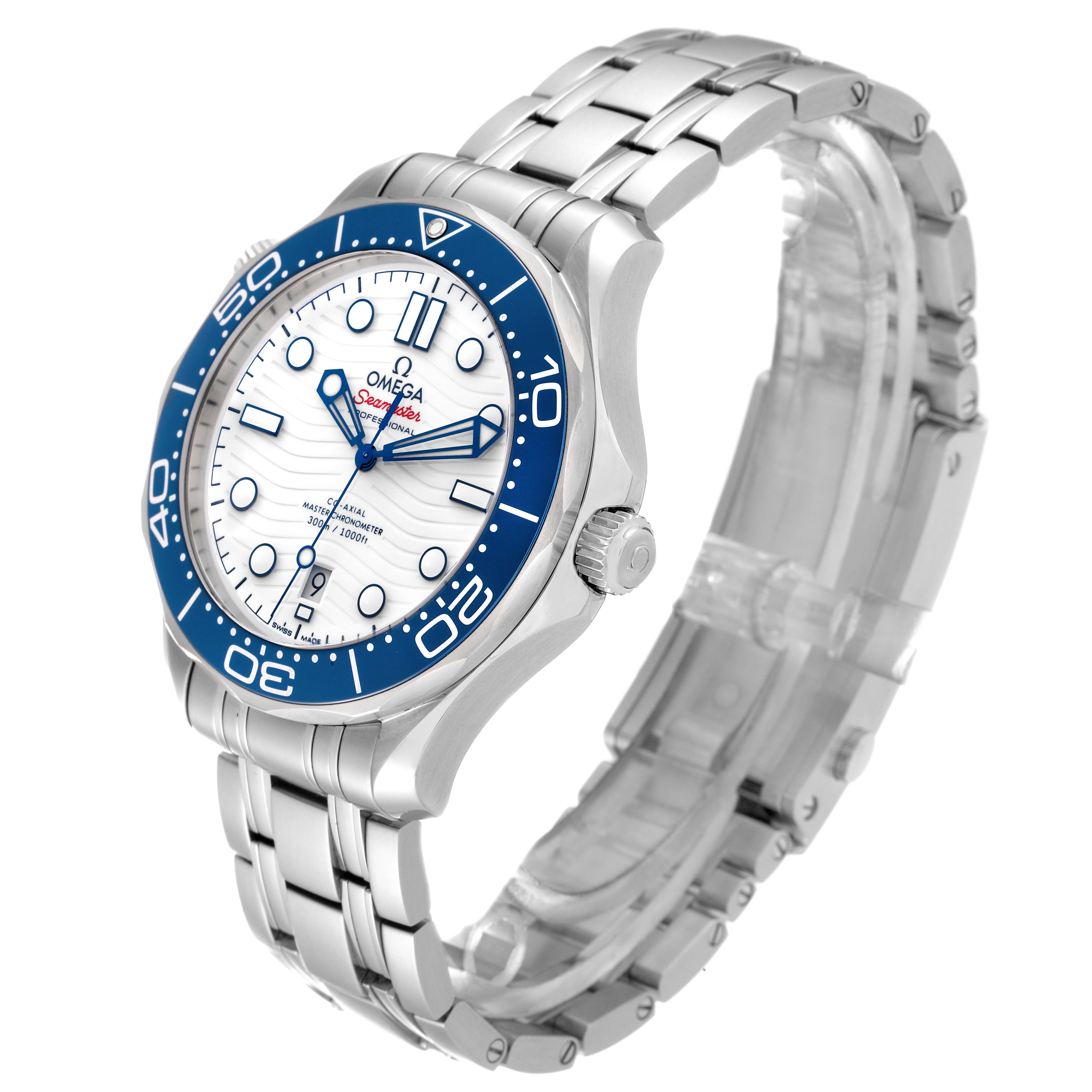 The image shows the Omega Seamaster 522.30.42.20.04.001 Men's Stainless Steel White Dial 522.30.42.20.04.001 Men's Stainless Steel White Dial watch from a front right angle, highlighting its blue bezel, white dial, and metal bracelet.