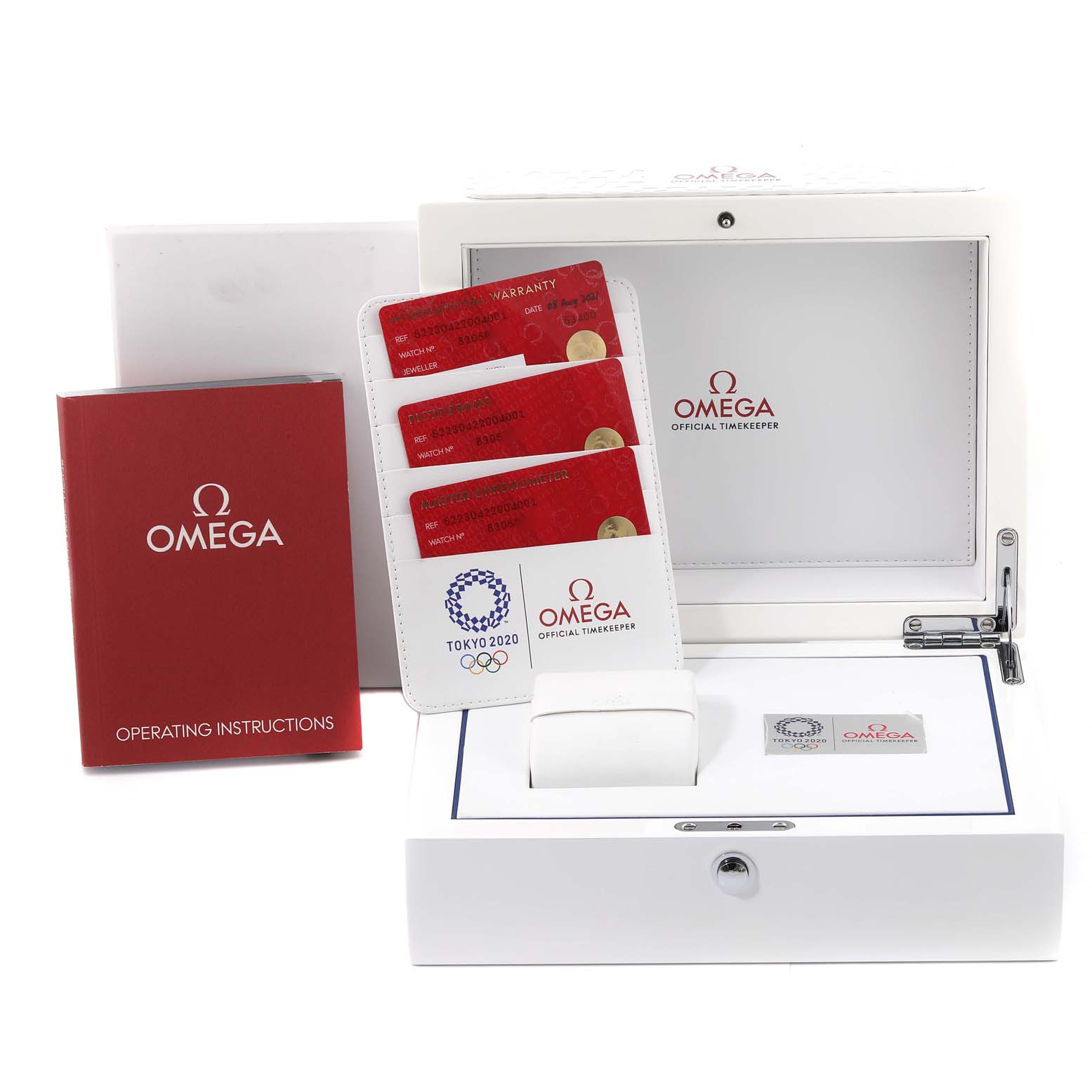 The image shows an Omega Seamaster 522.30.42.20.04.001 Men's Stainless Steel White Dial 522.30.42.20.04.001 Men's Stainless Steel White Dial watch box, warranty cards, and an operating instructions booklet viewed from the front.