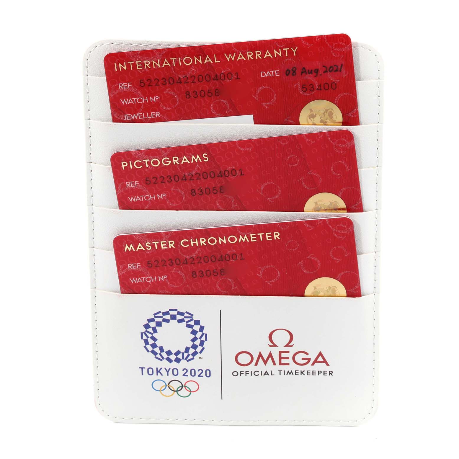 The image shows warranty, pictograms, and Master Chronometer cards for the Omega Seamaster 522.30.42.20.04.001 Men's Stainless Steel White Dial 522.30.42.20.04.001 Men's Stainless Steel White Dial.