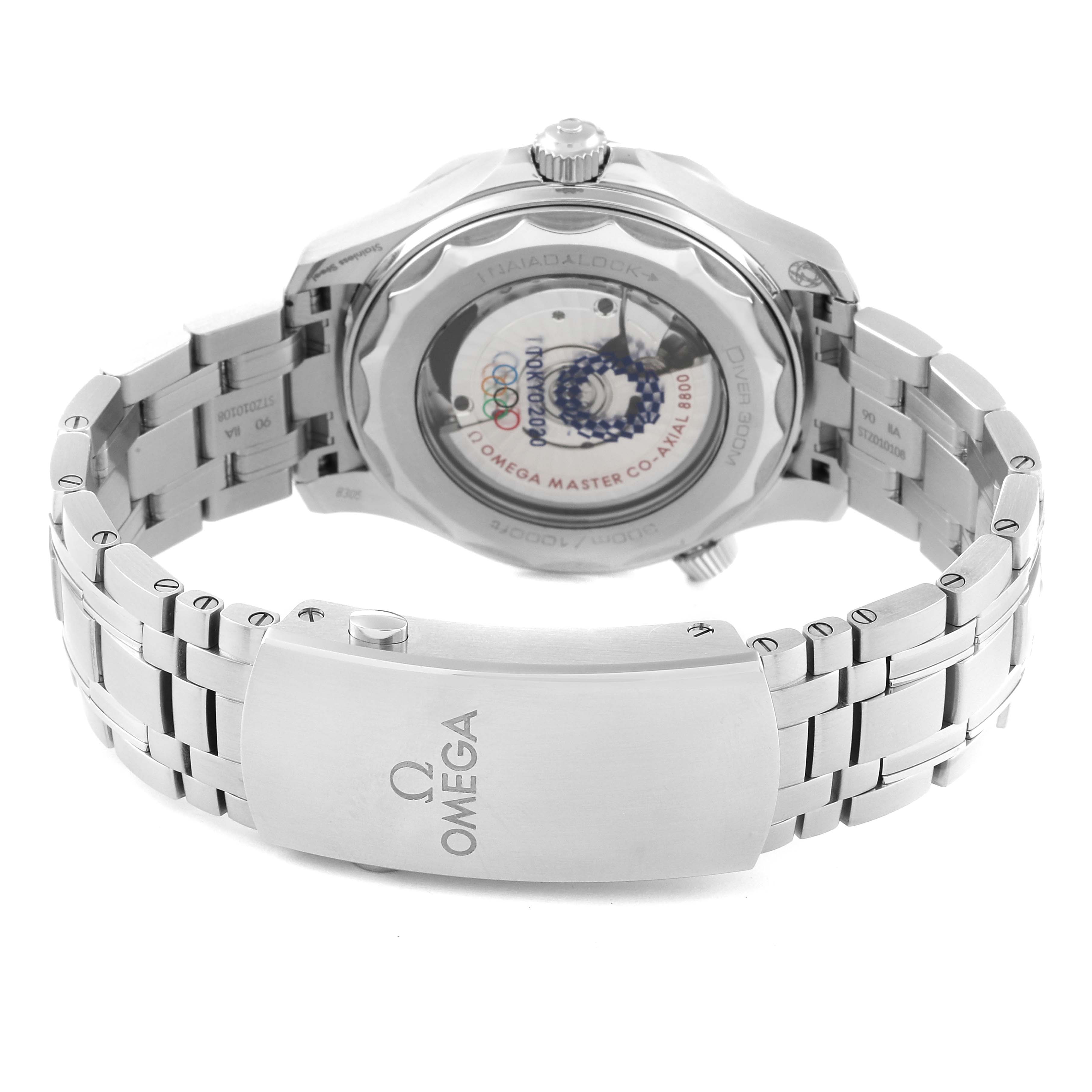 The image shows the back view of the Omega Seamaster 522.30.42.20.04.001 Men's Stainless Steel White Dial 522.30.42.20.04.001 Men's Stainless Steel White Dial watch, highlighting its stainless steel bracelet and transparent case back.