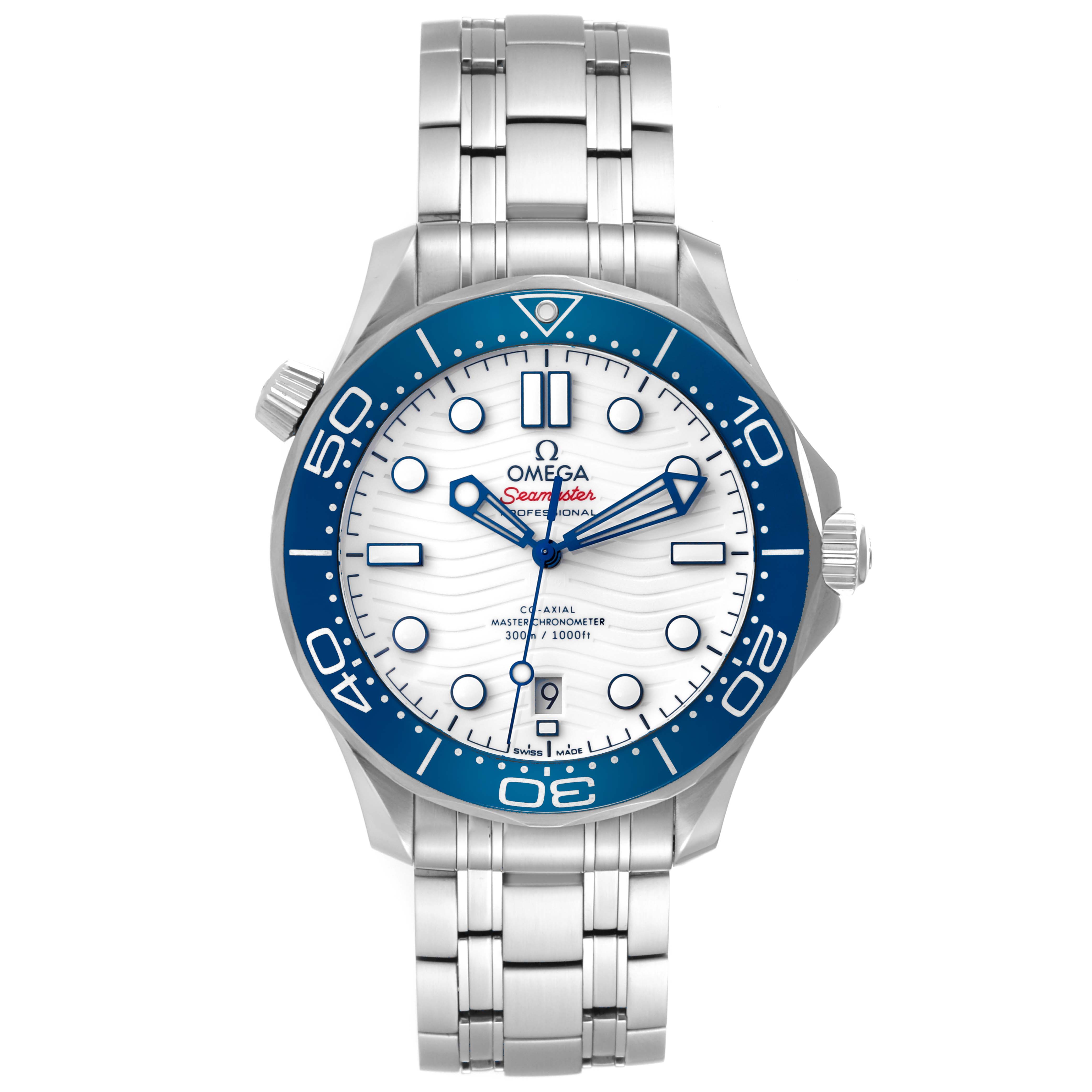 The Omega Seamaster 522.30.42.20.04.001 Men's Stainless Steel White Dial 522.30.42.20.04.001 Men's Stainless Steel White Dial watch is shown from a front angle, displaying its dial, bezel, bracelet, and crown.