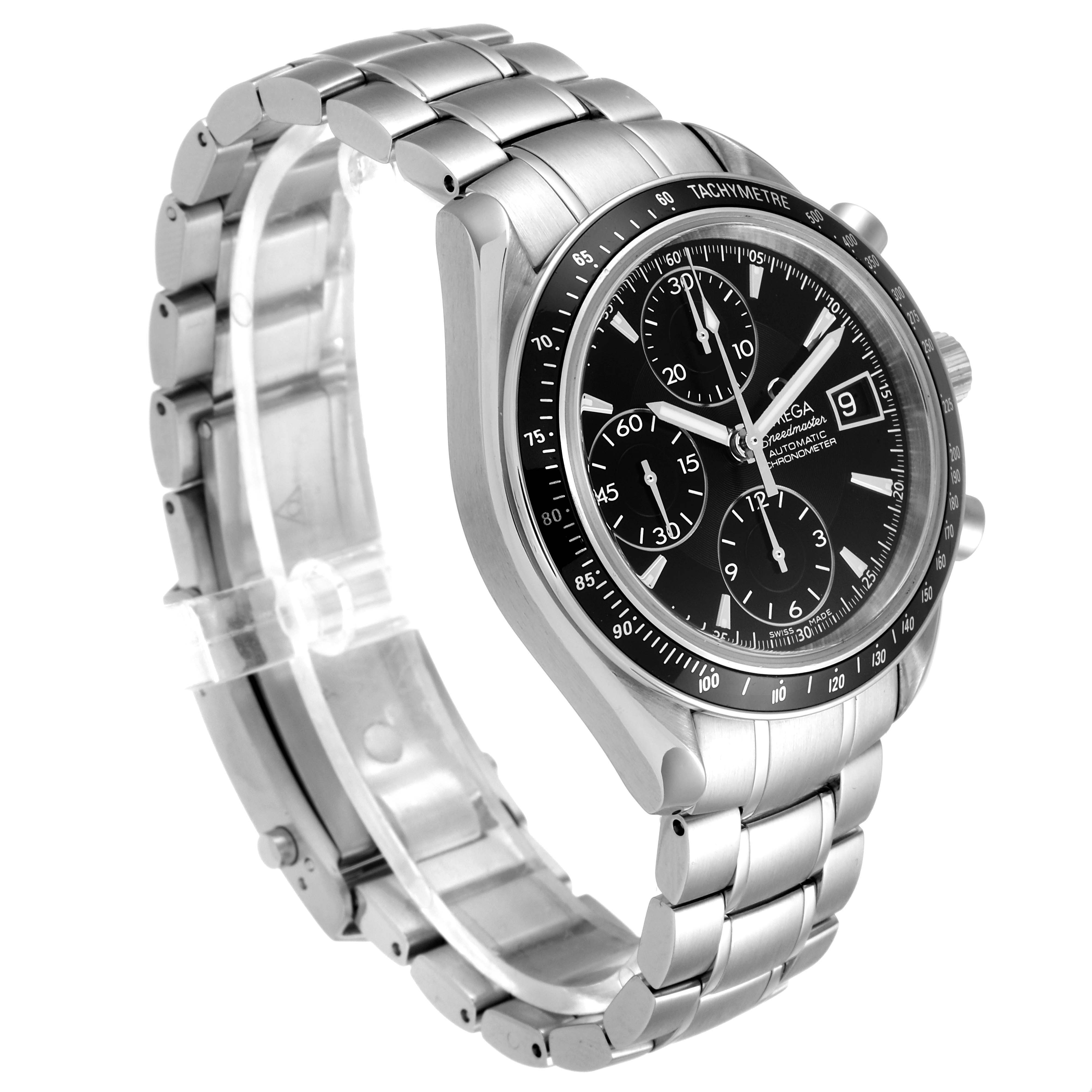 The image shows an Omega Speedmaster 3210.50.00 Men
s Stainless Steel Black Dial 3210.50.00 Men
s Stainless Steel Black Dial watch at a three-quarter angle, highlighting its black dial, chronograph subdials, and stainless steel bracelet.