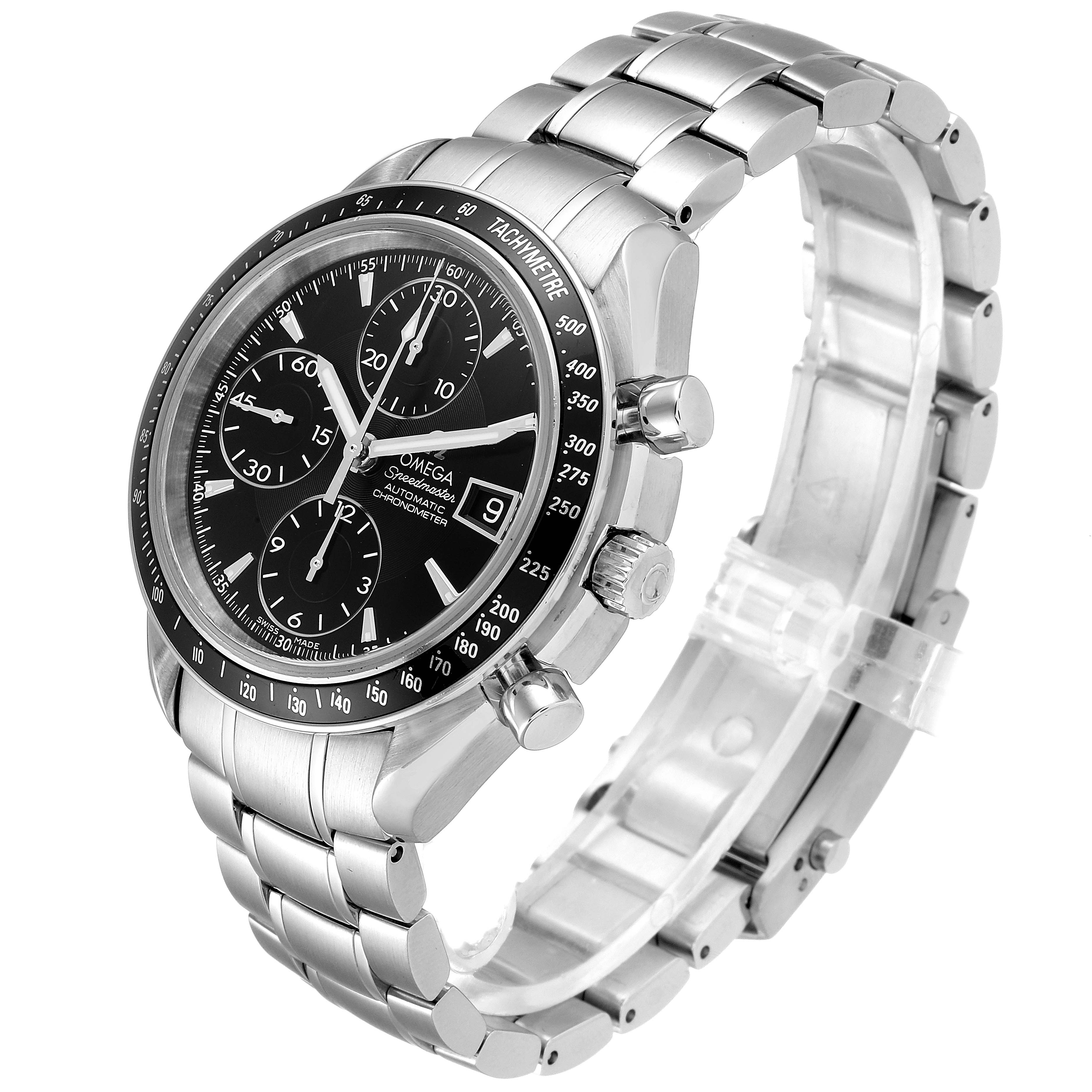 The Omega Speedmaster 3210.50.00 Men
s Stainless Steel Black Dial 3210.50.00 Men
s Stainless Steel Black Dial watch is shown at a slight angle, displaying the dial, bezel, crown, pushers, and bracelet.