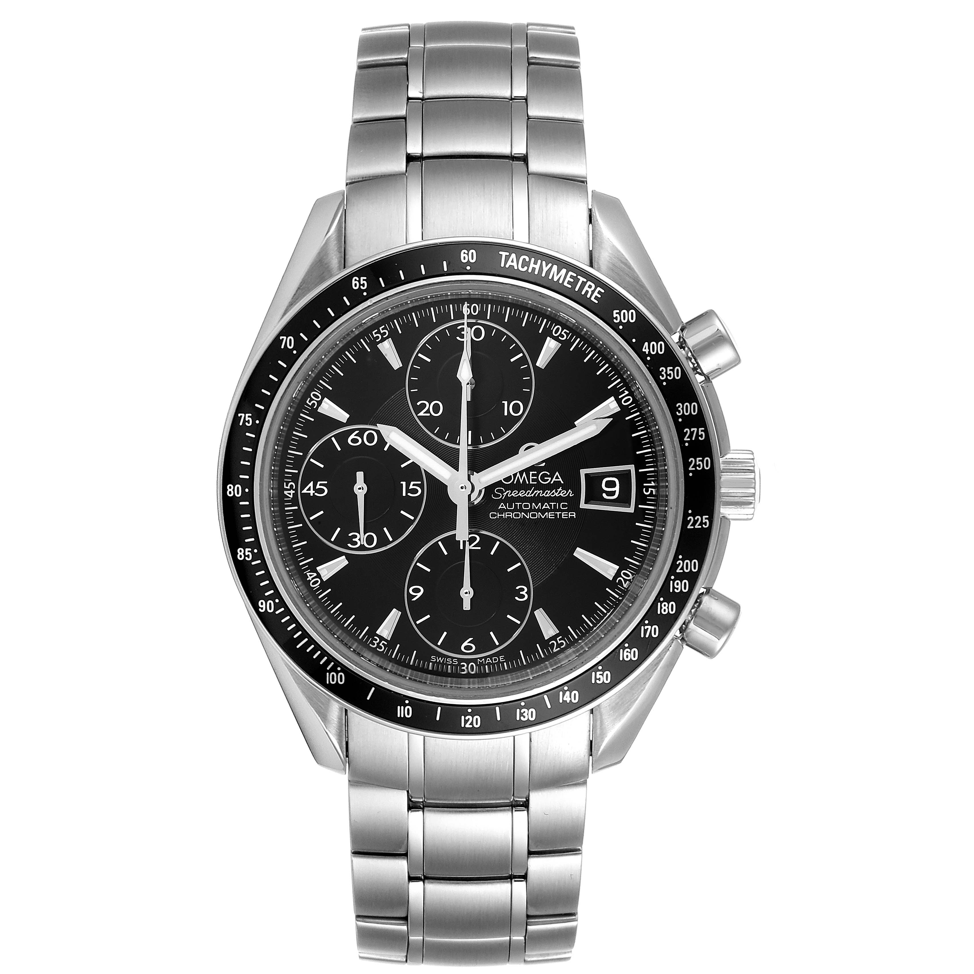 The Omega Speedmaster 3210.50.00 Men
s Stainless Steel Black Dial 3210.50.00 Men
s Stainless Steel Black Dial watch is shown from the front, displaying its face, bezel, and stainless steel bracelet.