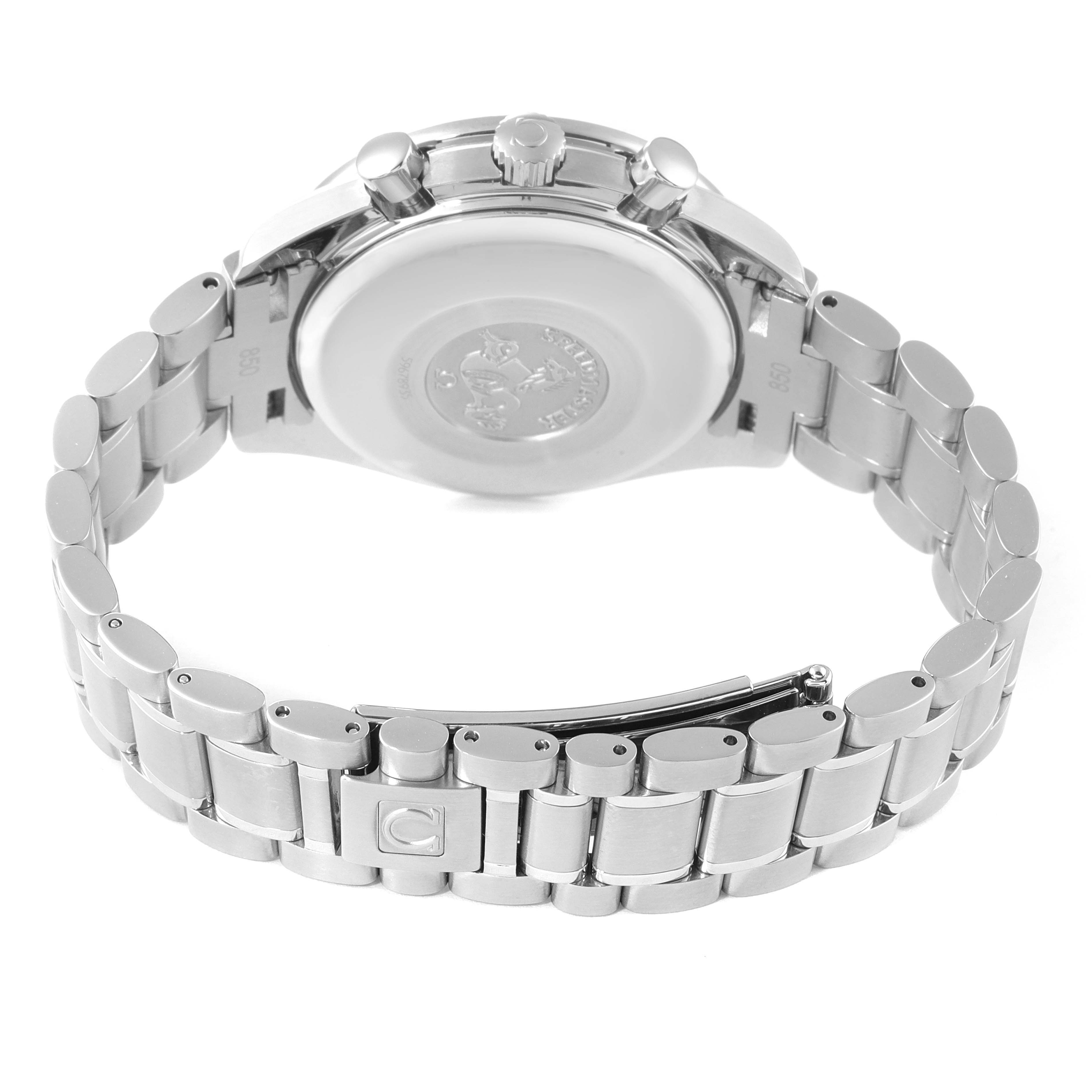 The image shows the back and bracelet of an Omega Speedmaster 3513.50.00 Men's Stainless Steel Black Dial 3513.50.00 Men's Stainless Steel Black Dial watch, focusing on the clasp and case back.