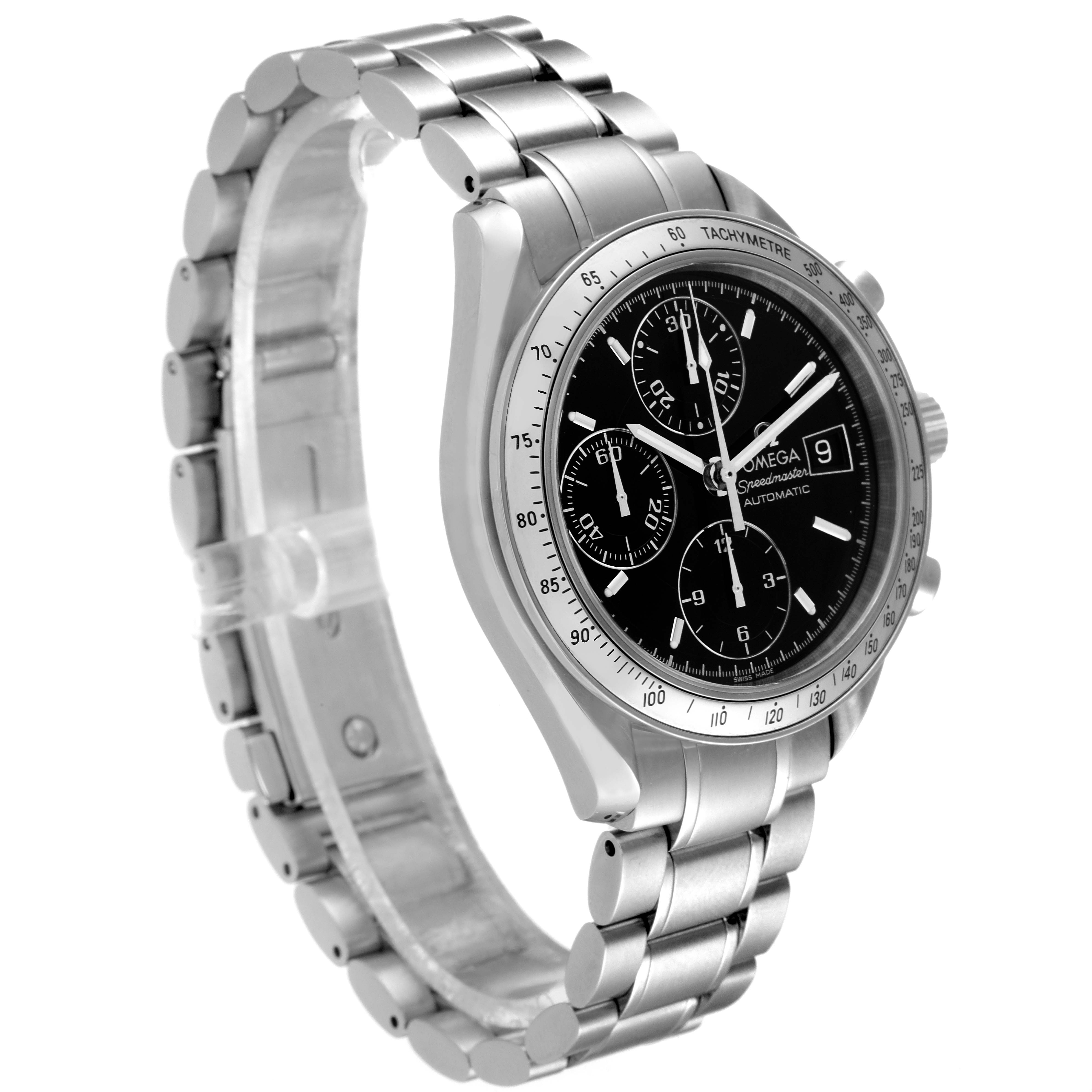 The image shows an Omega Speedmaster 3513.50.00 Men's Stainless Steel Black Dial 3513.50.00 Men's Stainless Steel Black Dial watch from a three-quarter side angle, highlighting the bezel, dial, and bracelet.