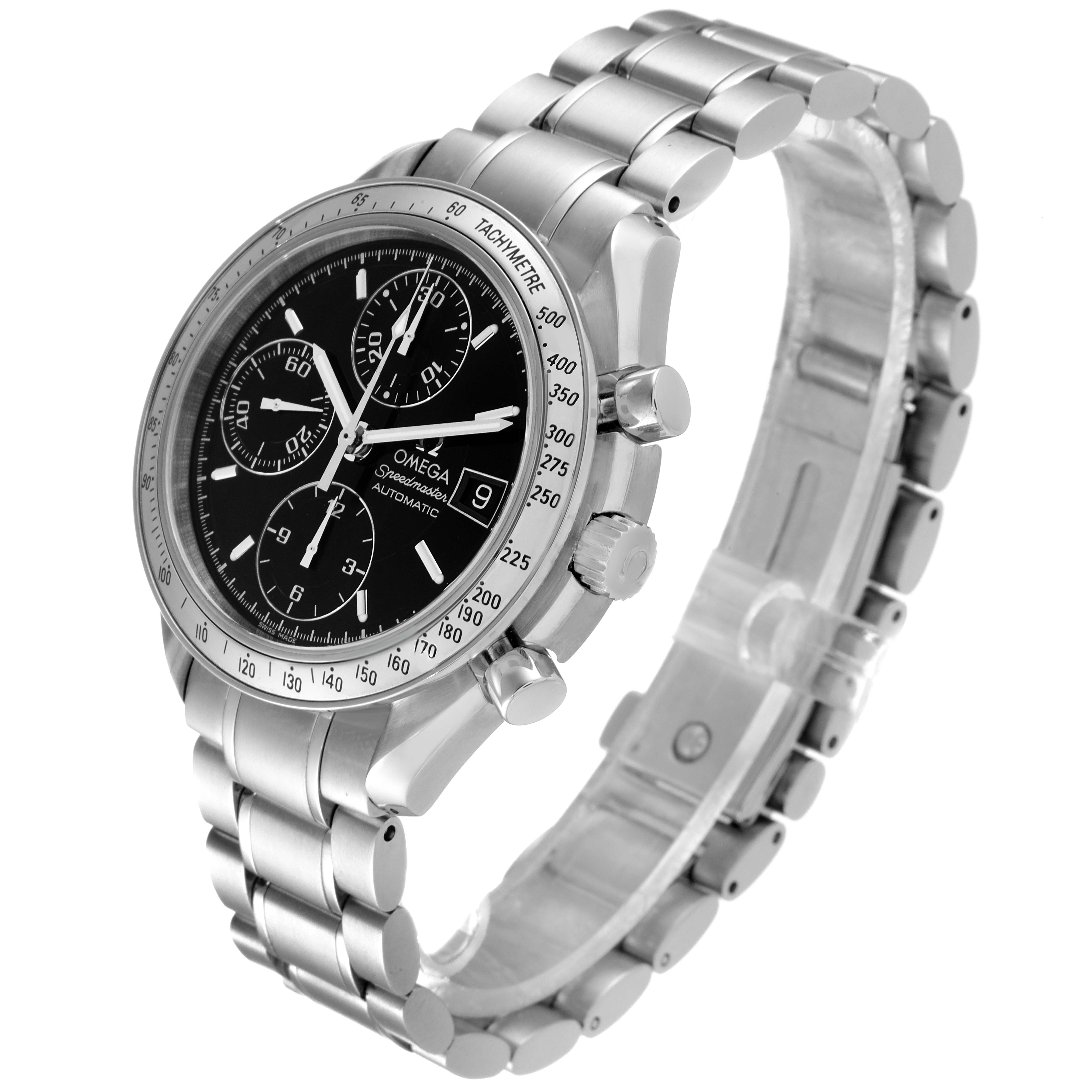 This image shows an angled view of the Omega Speedmaster 3513.50.00 Men's Stainless Steel Black Dial 3513.50.00 Men's Stainless Steel Black Dial watch, highlighting its face, bezel, crown, pushers, and stainless steel bracelet.