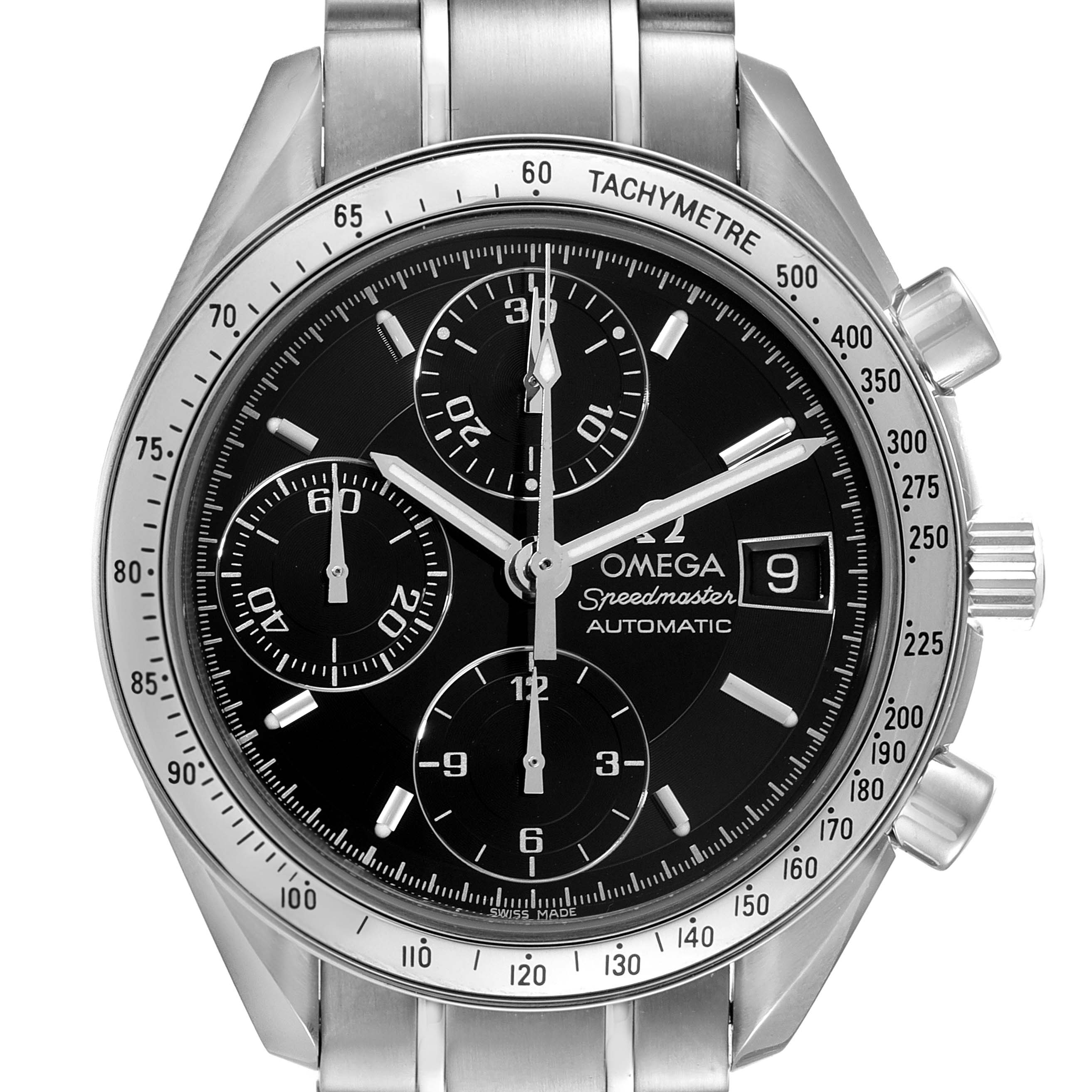 The Omega Speedmaster 3513.50.00 Men's Stainless Steel Black Dial 3513.50.00 Men's Stainless Steel Black Dial watch is shown from the front, highlighting the dial, bezel, chronograph subdials, and date window.