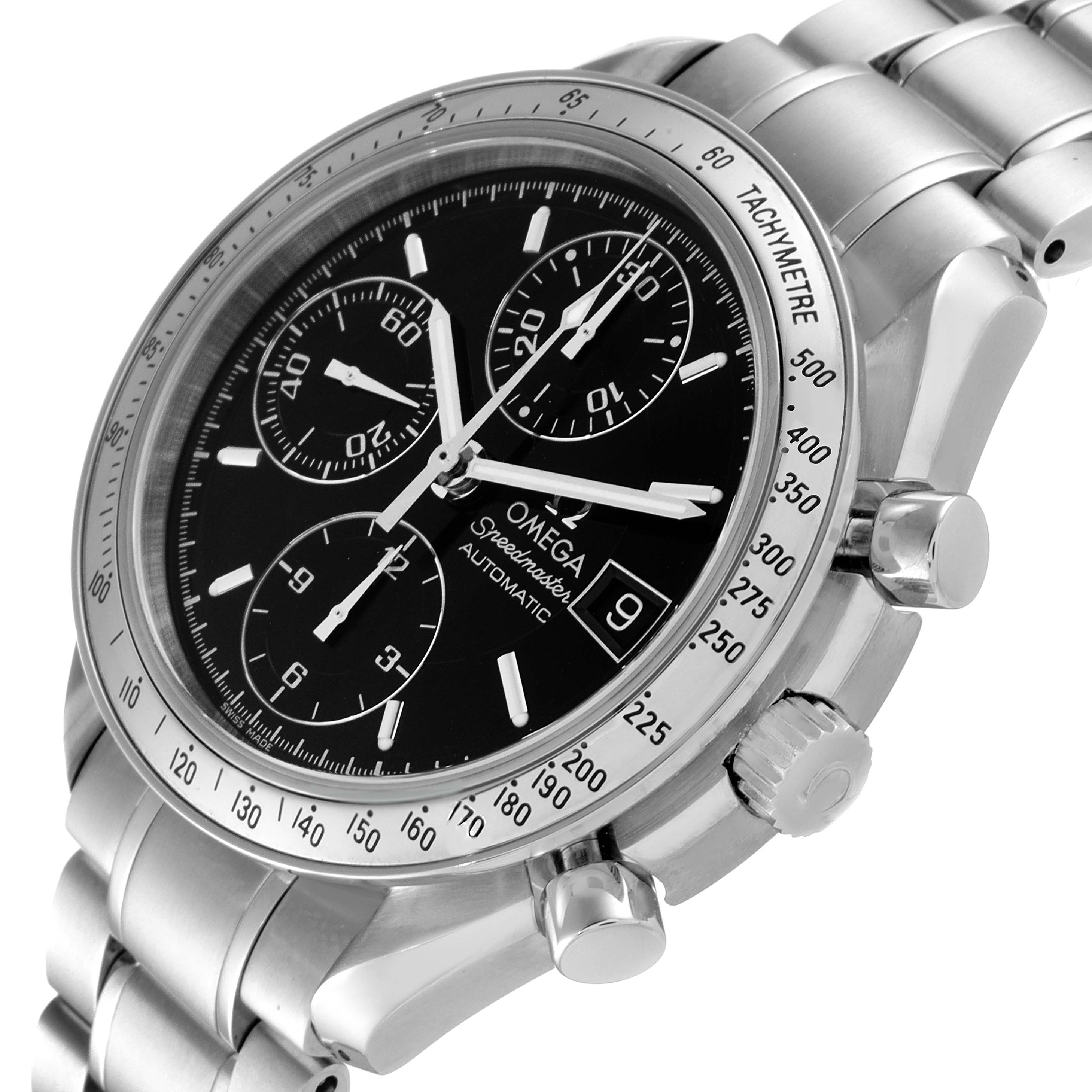 The image shows an angled view of an Omega Speedmaster 3513.50.00 Men's Stainless Steel Black Dial 3513.50.00 Men's Stainless Steel Black Dial watch, featuring its bezel, dial, subdials, crown, pushers, and bracelet.