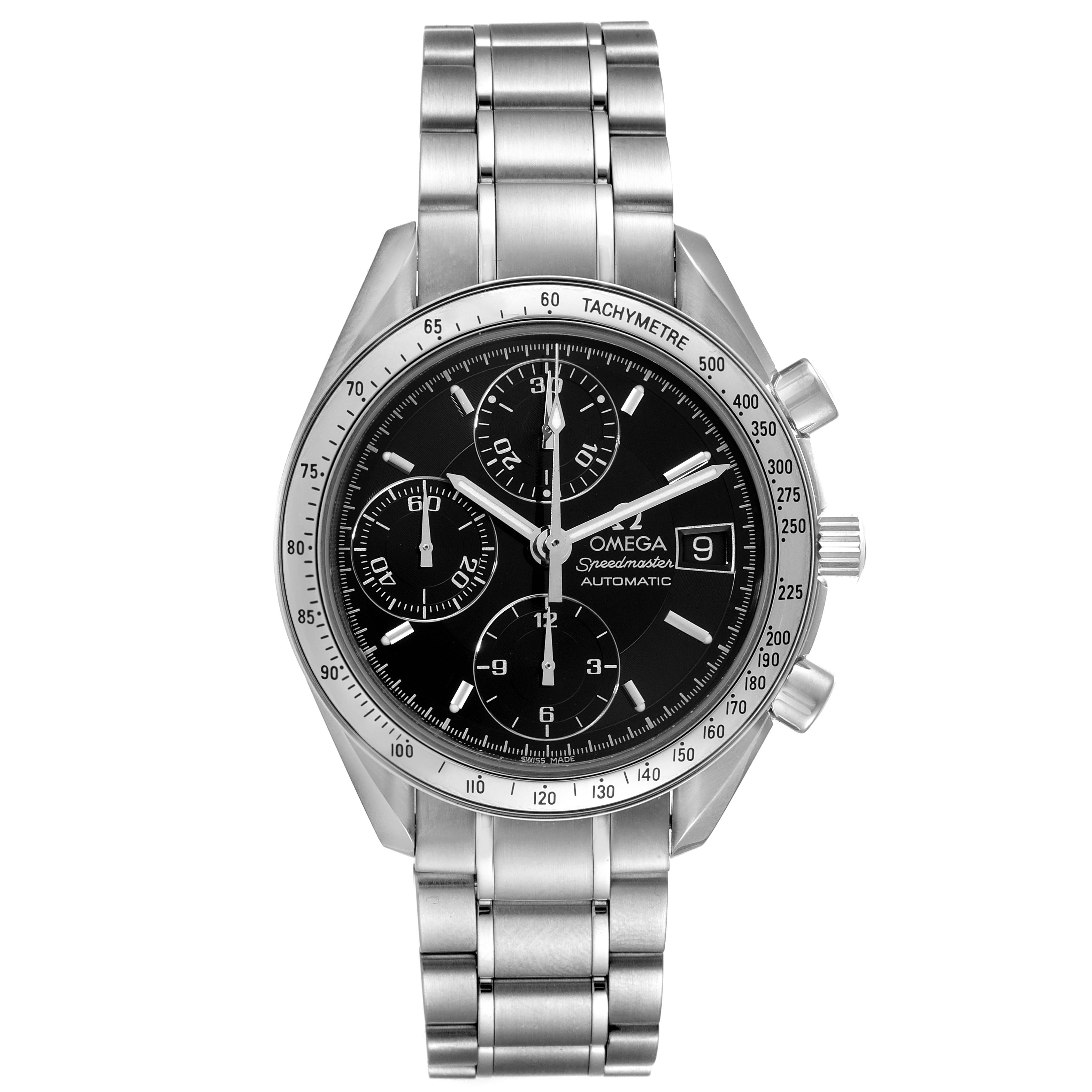 The image shows a front view of an Omega Speedmaster 3513.50.00 Men's Stainless Steel Black Dial 3513.50.00 Men's Stainless Steel Black Dial watch with a black dial and stainless steel bracelet.