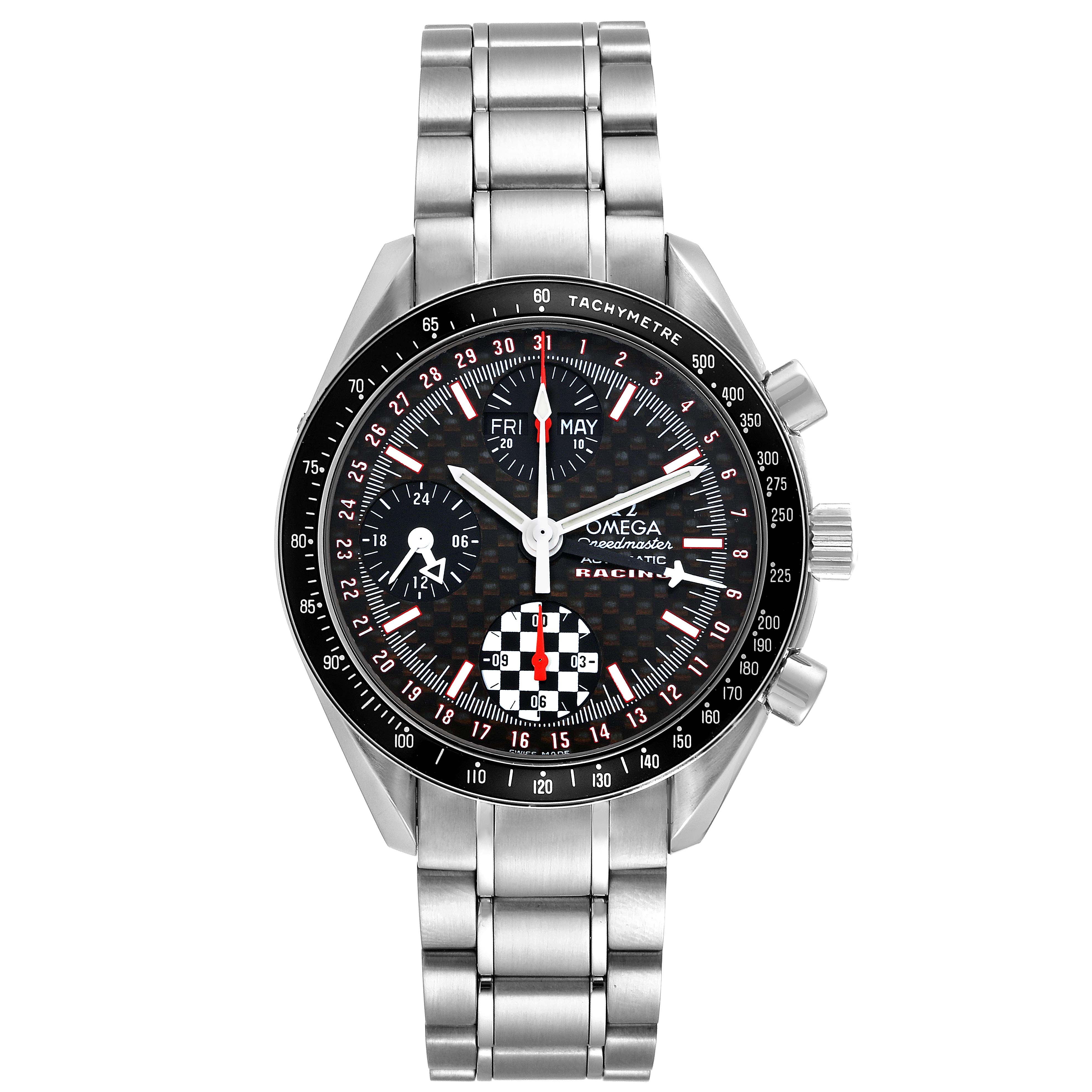 The image shows a front view of the Omega Speedmaster 3529.50.00 Men's Stainless Steel Black Dial 3529.50.00 Men's Stainless Steel Black Dial watch displaying the dial, bezel, and stainless steel bracelet.