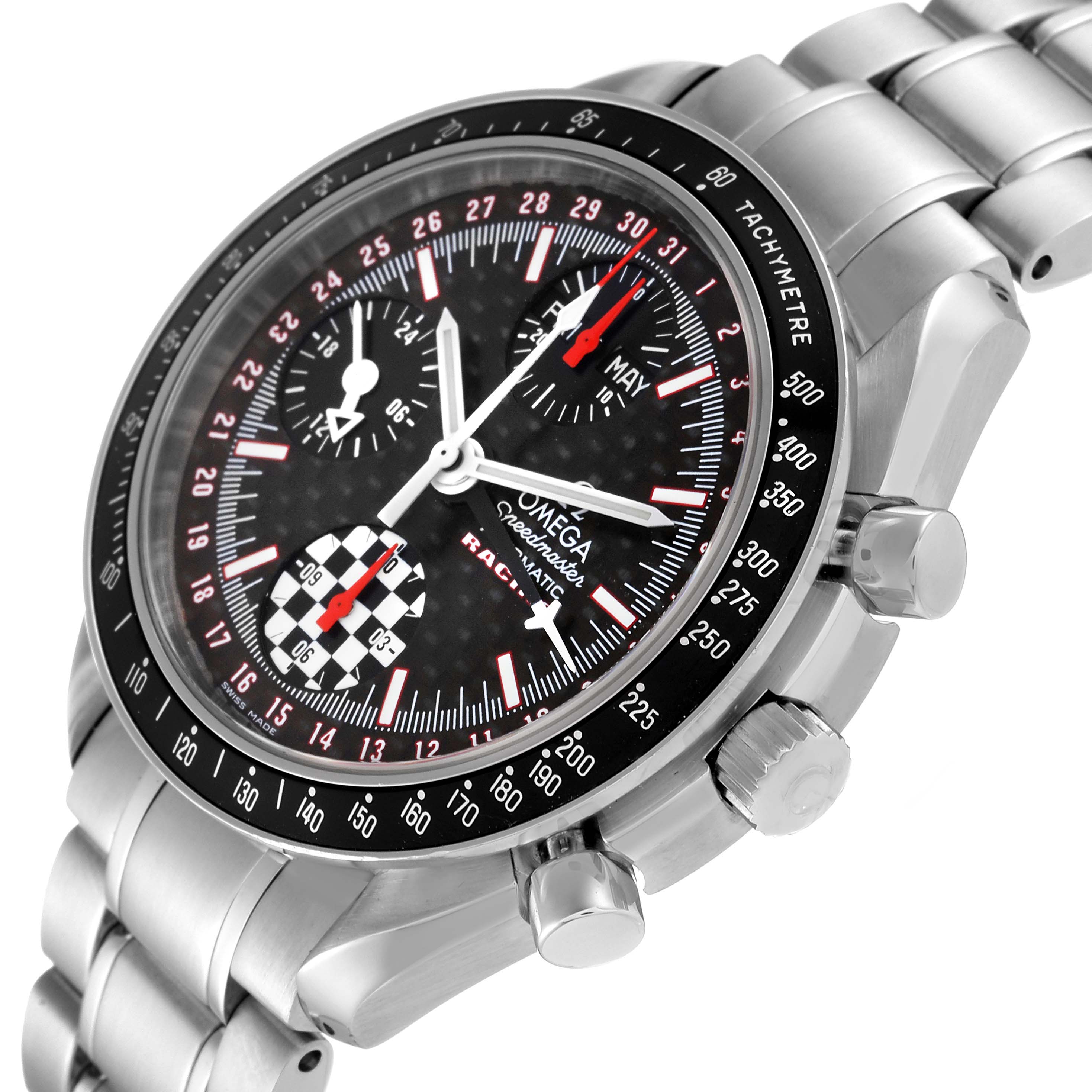 The image shows the Omega Speedmaster 3529.50.00 Men's Stainless Steel Black Dial 3529.50.00 Men's Stainless Steel Black Dial watch at an angle highlighting the dial, bezel, pushers, crown, and part of the bracelet.