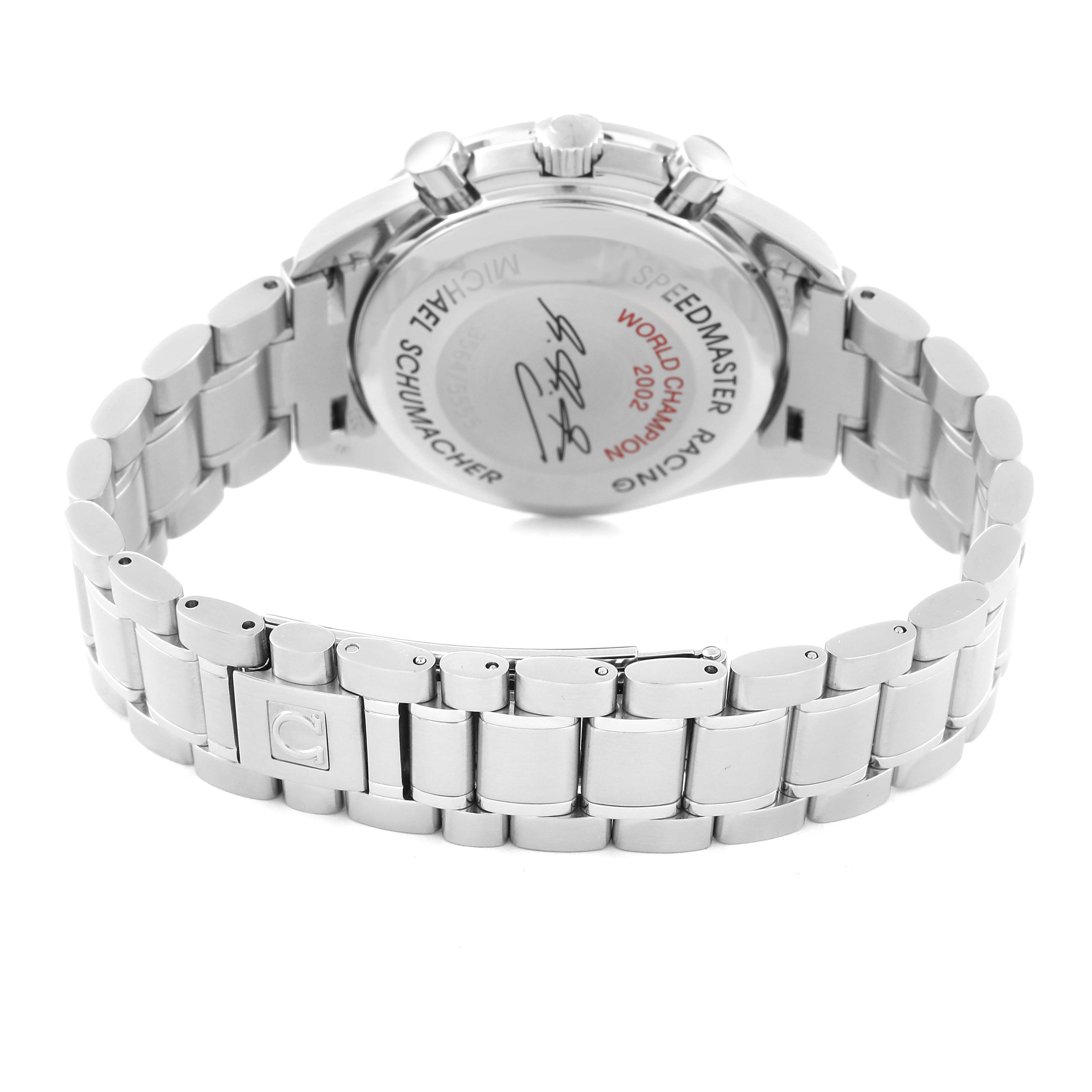 The image shows the back case and bracelet of an Omega Speedmaster 3529.50.00 Men's Stainless Steel Black Dial 3529.50.00 Men's Stainless Steel Black Dial watch, viewed from the rear.