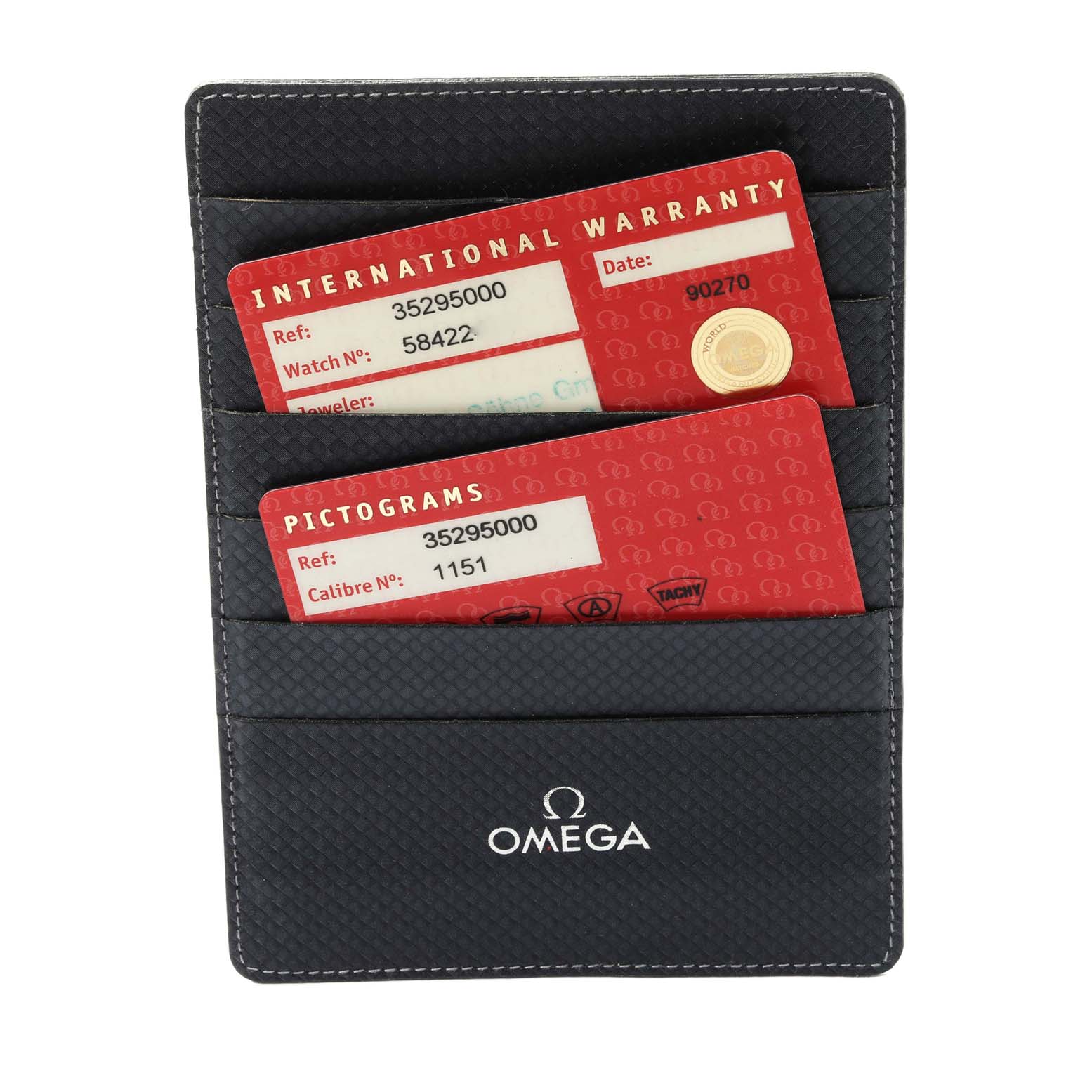 The image shows a warranty card holder with two red cards for an Omega Speedmaster 3529.50.00 Men's Stainless Steel Black Dial 3529.50.00 Men's Stainless Steel Black Dial watch.