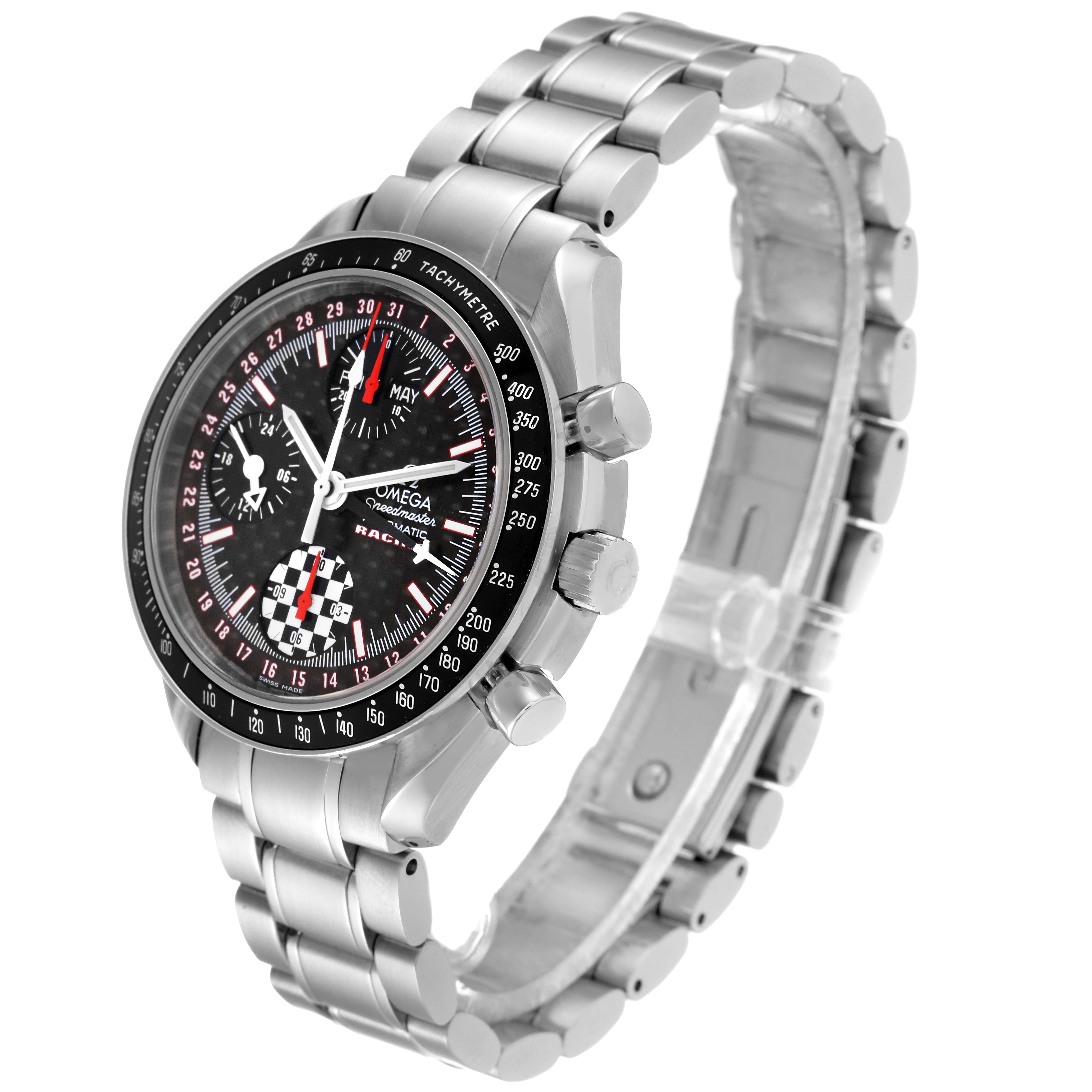 The image shows an angled side view of an Omega Speedmaster 3529.50.00 Men's Stainless Steel Black Dial 3529.50.00 Men's Stainless Steel Black Dial watch, highlighting the face, bezel, and bracelet.