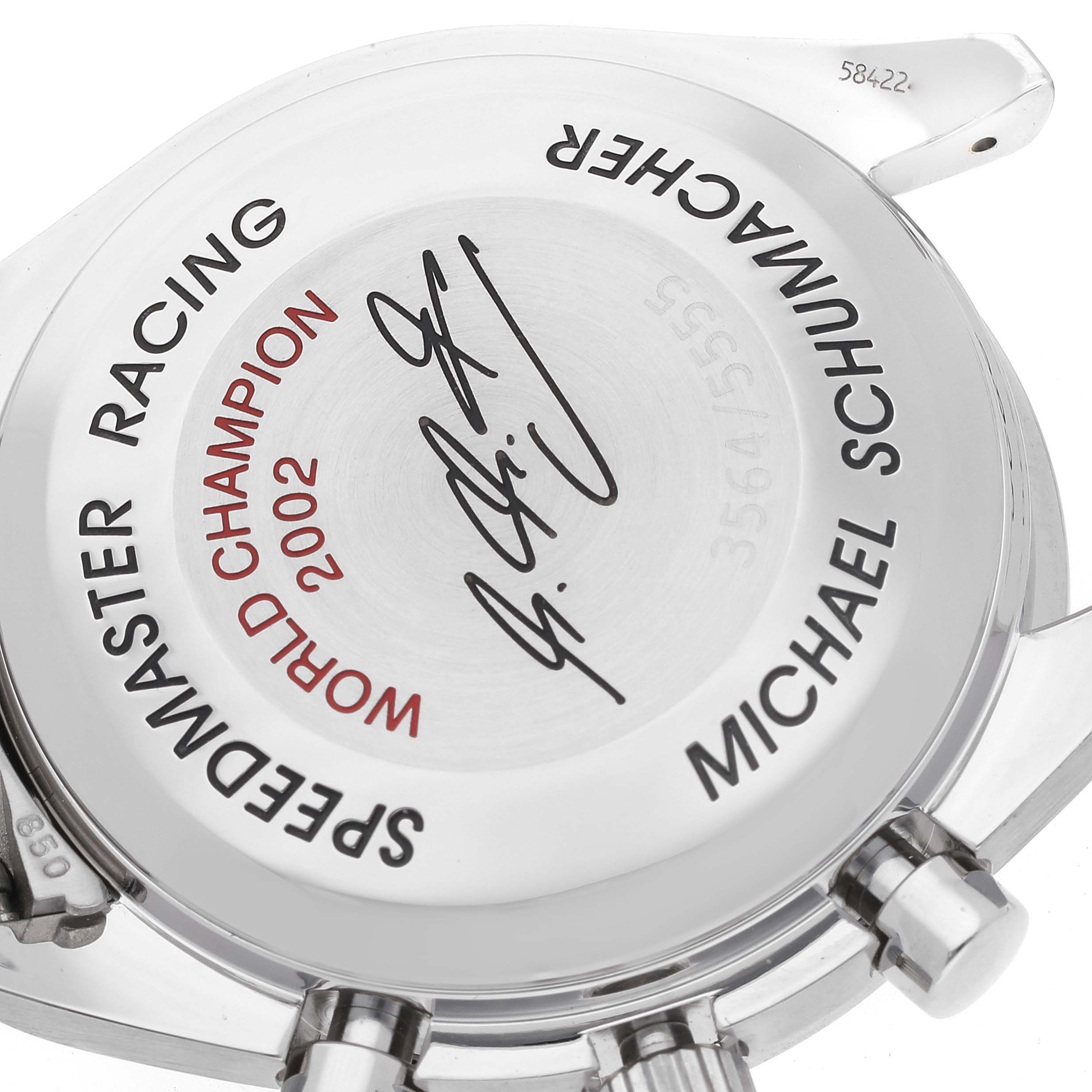 This is the case back and part of a Speedmaster Racing model by Omega, featuring an engraved signature and text.