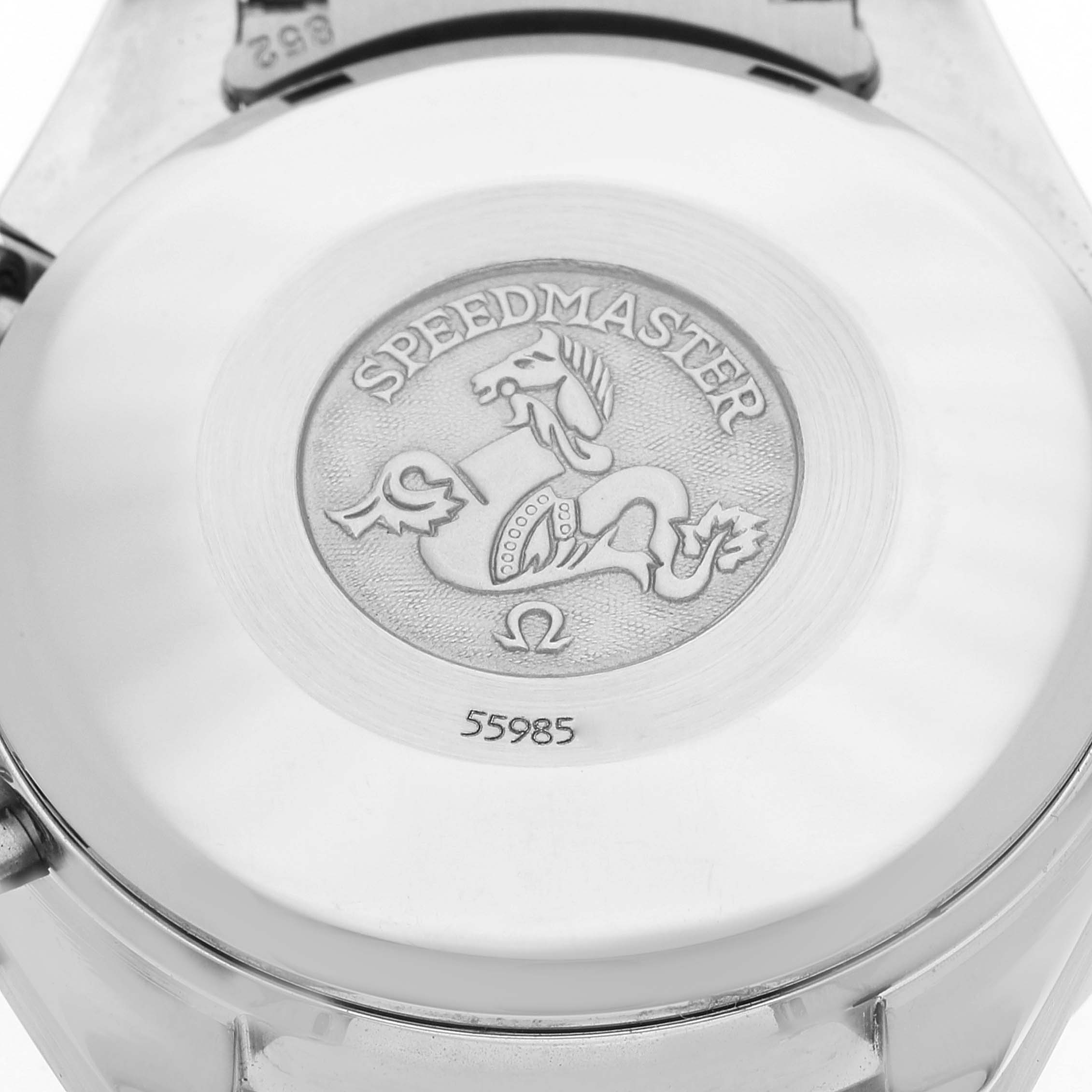 The image shows the case back of an Omega Speedmaster 3520.53.00 Men
s Stainless Steel Black Dial 3520.53.00 Men
s Stainless Steel Black Dial watch, including the engraved logo and model name.