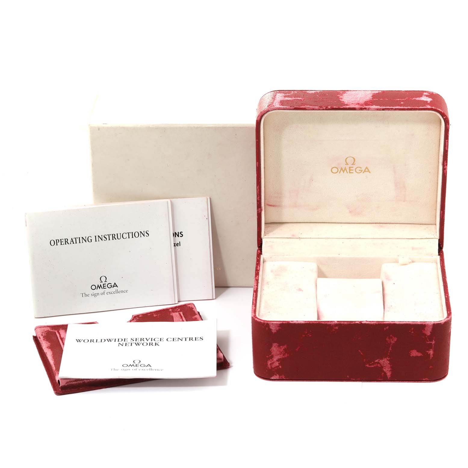 This image shows an Omega Speedmaster 3520.53.00 Men
s Stainless Steel Black Dial 3520.53.00 Men
s Stainless Steel Black Dial watch box, operating instructions, and service center booklets.