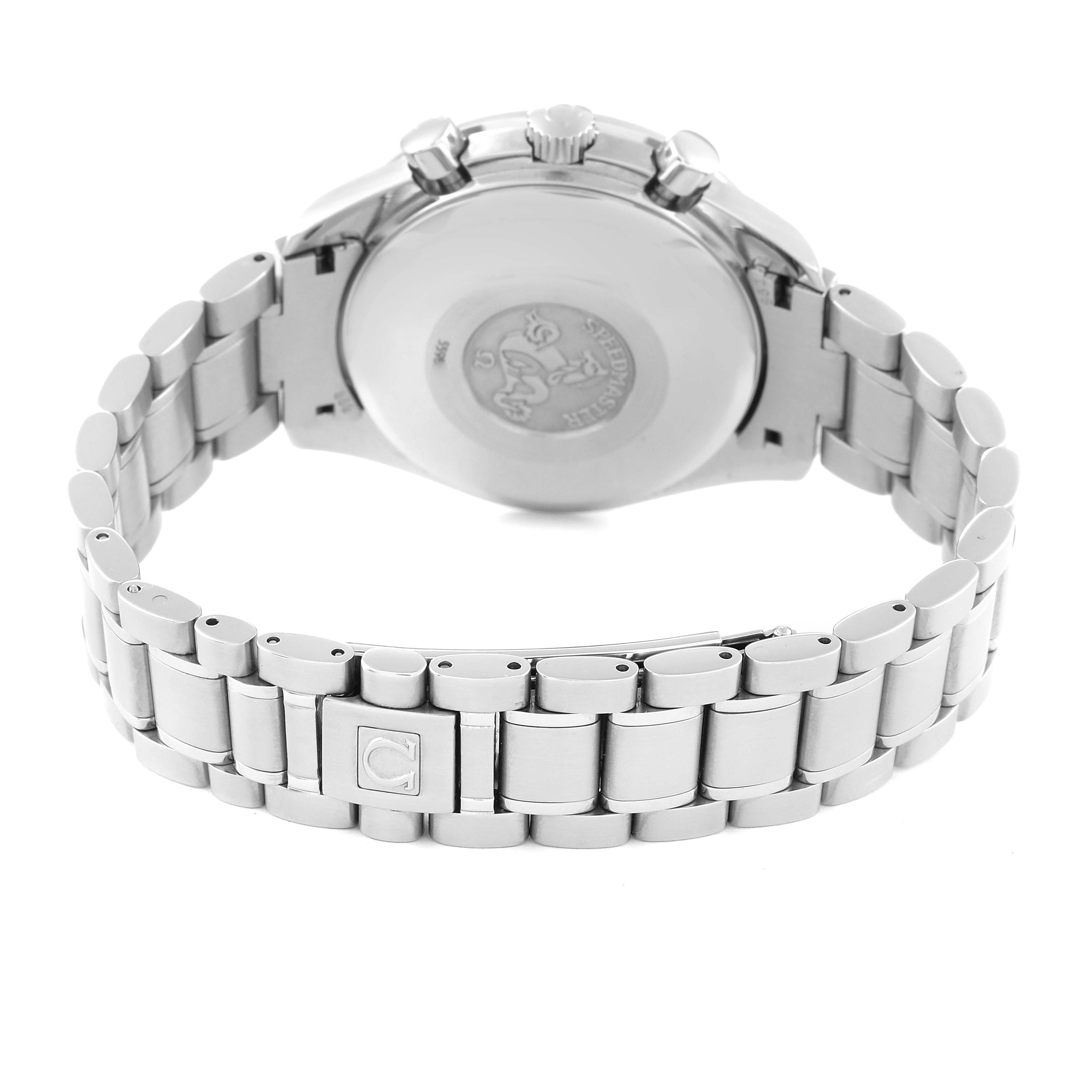 The image shows the back case, clasp, and stainless steel bracelet of an Omega Speedmaster 3520.53.00 Men
s Stainless Steel Black Dial 3520.53.00 Men
s Stainless Steel Black Dial watch.