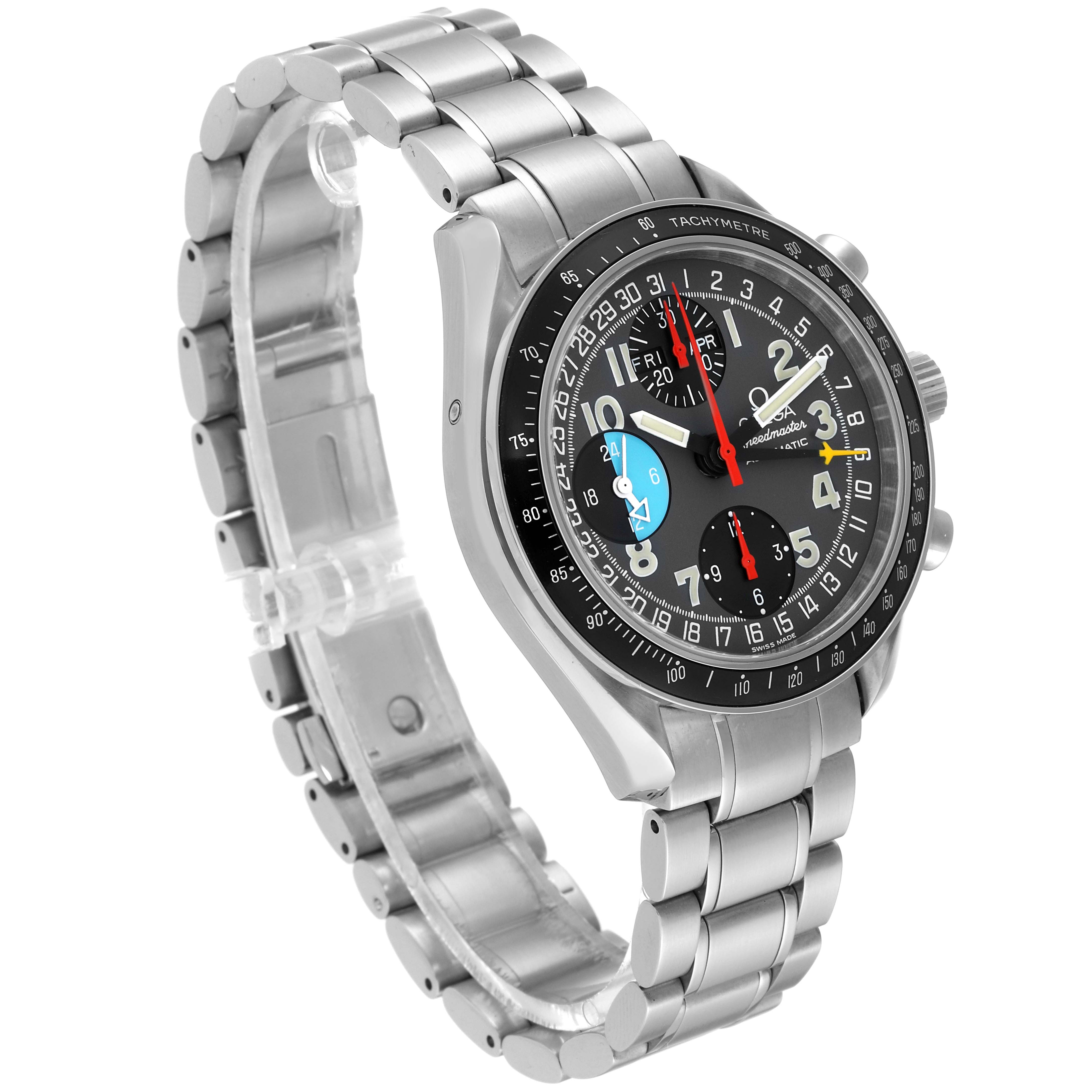 The image shows an Omega Speedmaster 3520.53.00 Men
s Stainless Steel Black Dial 3520.53.00 Men
s Stainless Steel Black Dial watch at a three-quarter angle, displaying its dial, bezel, and metal bracelet.